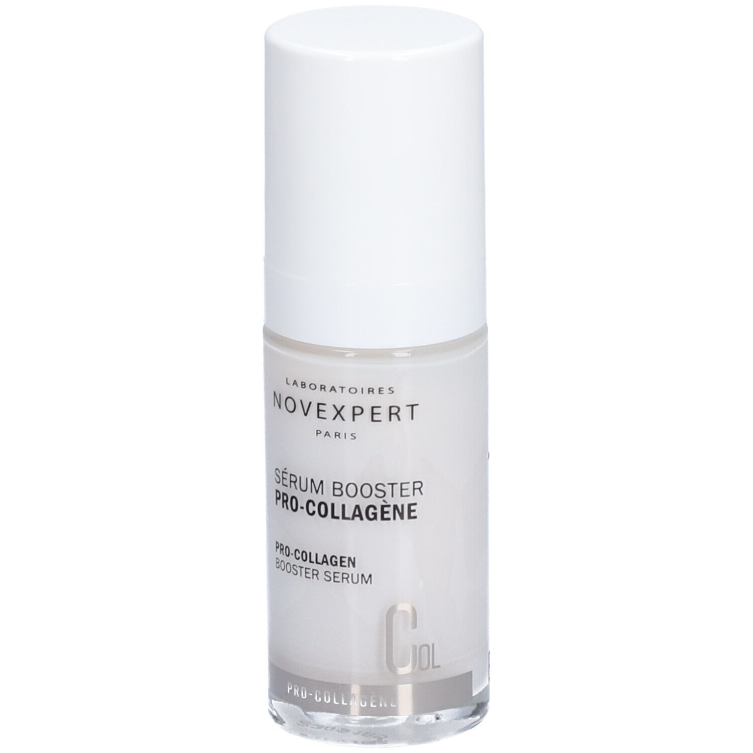 Flacon transparent avec bouchon blanc. Inscription: Novexpert, Sérum Booster Pro-Collagen, Pro-Collagen Booster Serum.