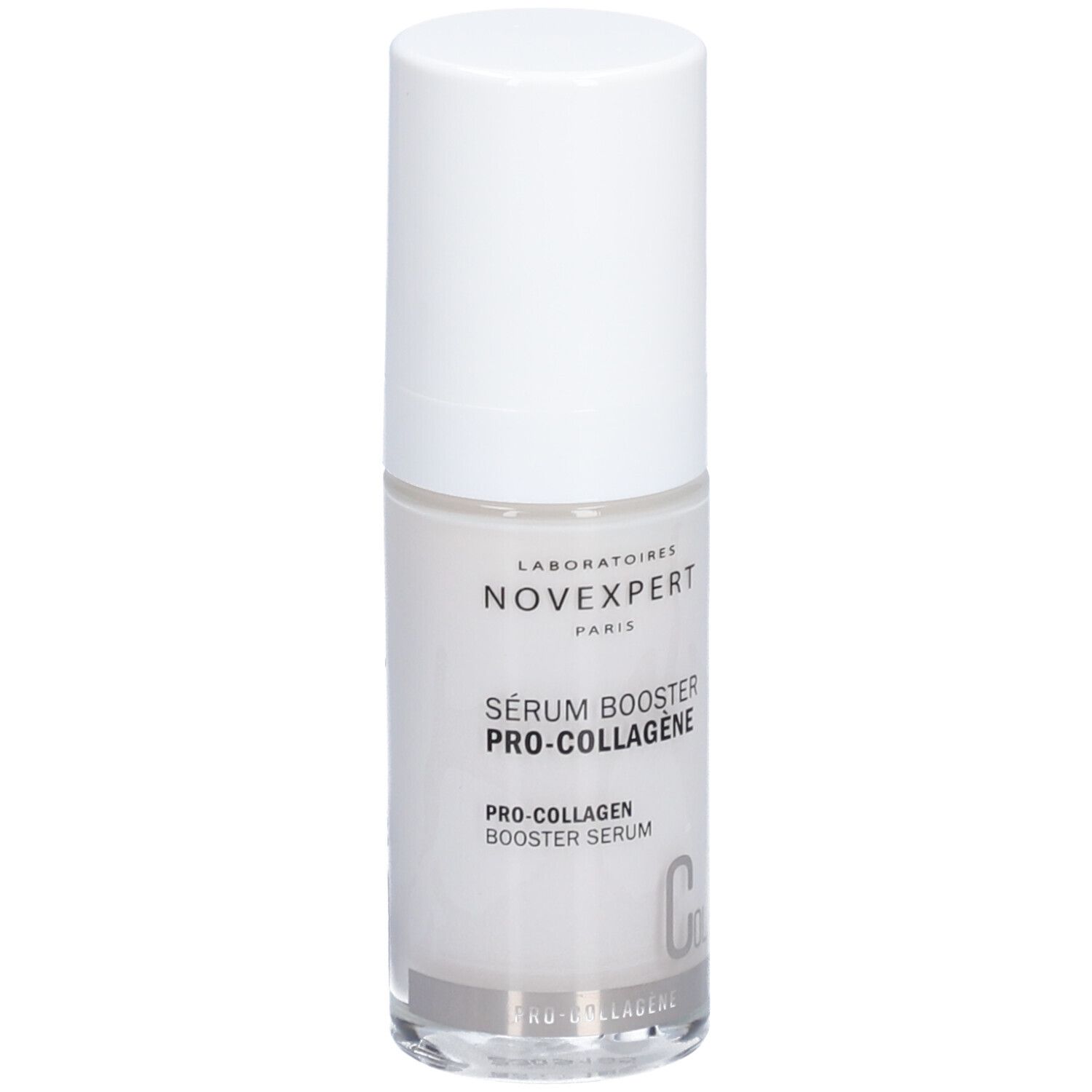 Flacon transparent avec bouchon blanc. Inscription: Novexpert, Sérum Booster Pro-Collagen, Pro-Collagen Booster Serum.