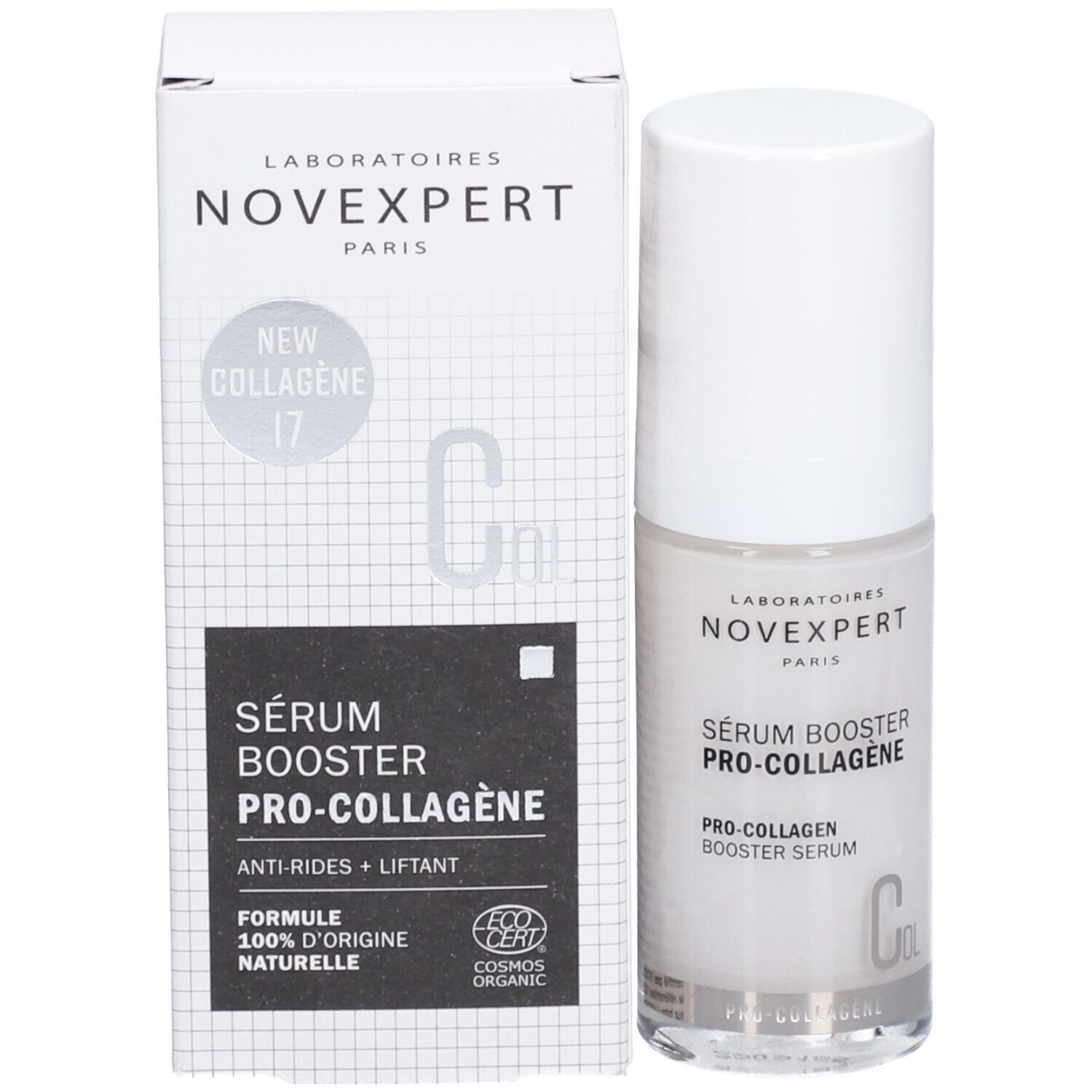 Flacon et emballage du produit. Inscription: Novexpert, Sérum Booster Pro-Collagen, Anti-Rides + Liftant, Cosmos Organic.