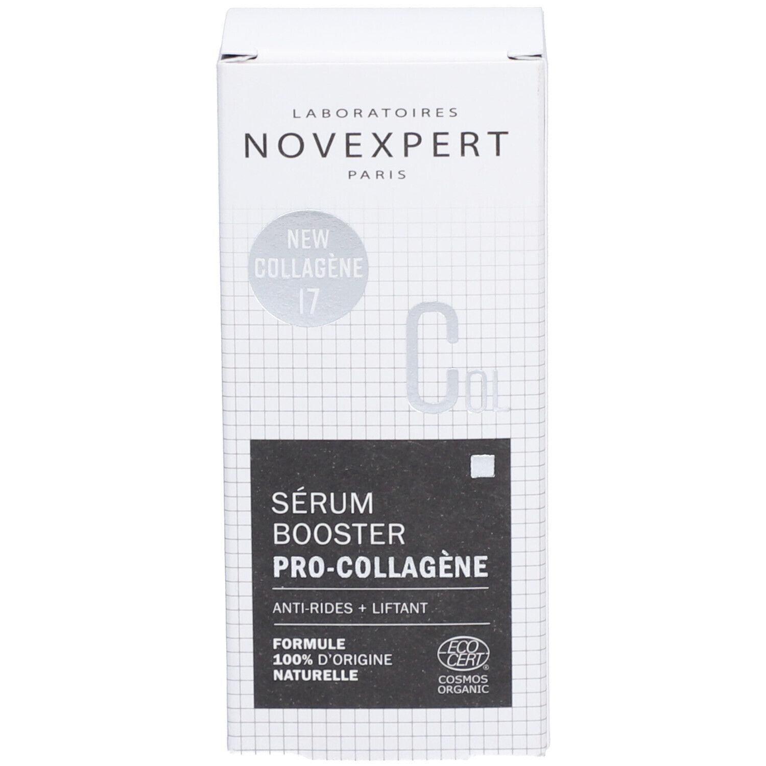 Emballage du produit. Inscription: Novexpert, Sérum Booster Pro-Collagen, Anti-Rides + Liftant, Cosmos Organic.