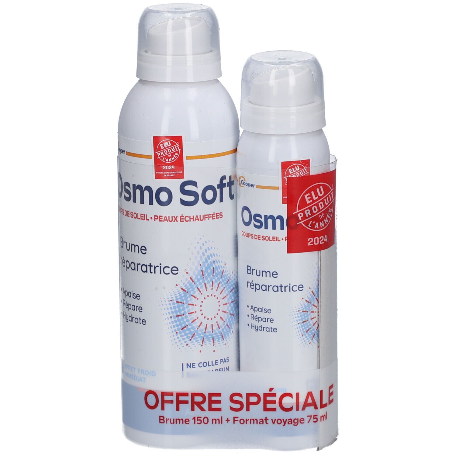 Deux flacons brume réparatrice Osmosoft. Inscription: Elu Produit de l'année 2024. Offre spéciale: Brume 150 ml + Format voyage 75 ml.