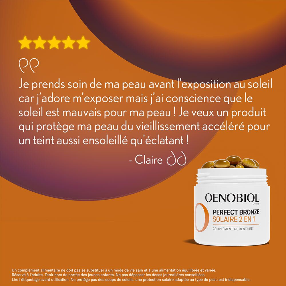 OENOBIOL - PERFECT BRONZE SOLAIRE 2 EN 1 - Autobronzant & préparateur solaire - NOUVEAU - Efficacité prouvée dès 1 mois¹ - Programme 1 mois -  30 capsules