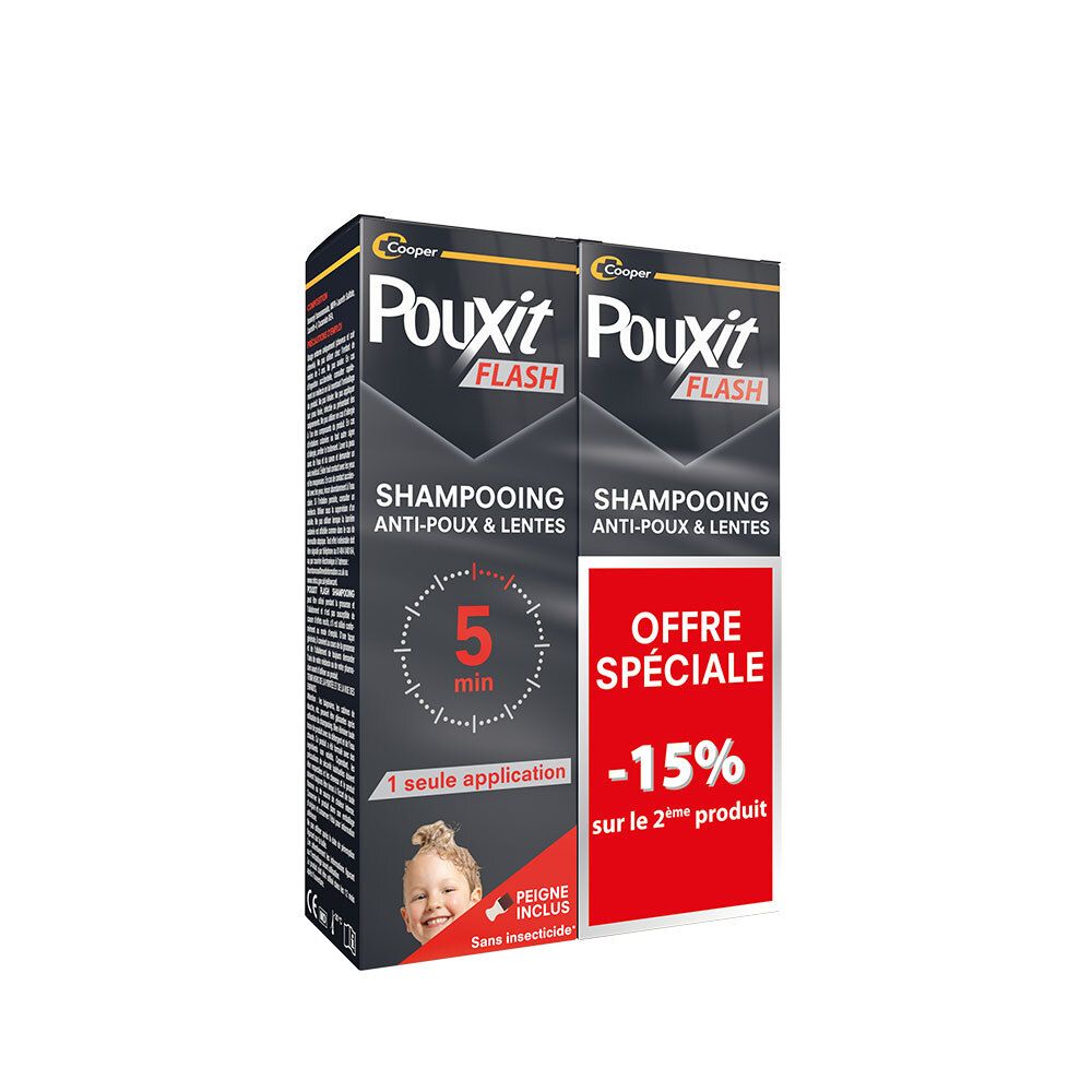 Deux boîtes de Pouxit Flash Shampooing. Emballage noir avec informations produit et -15% de réduction.