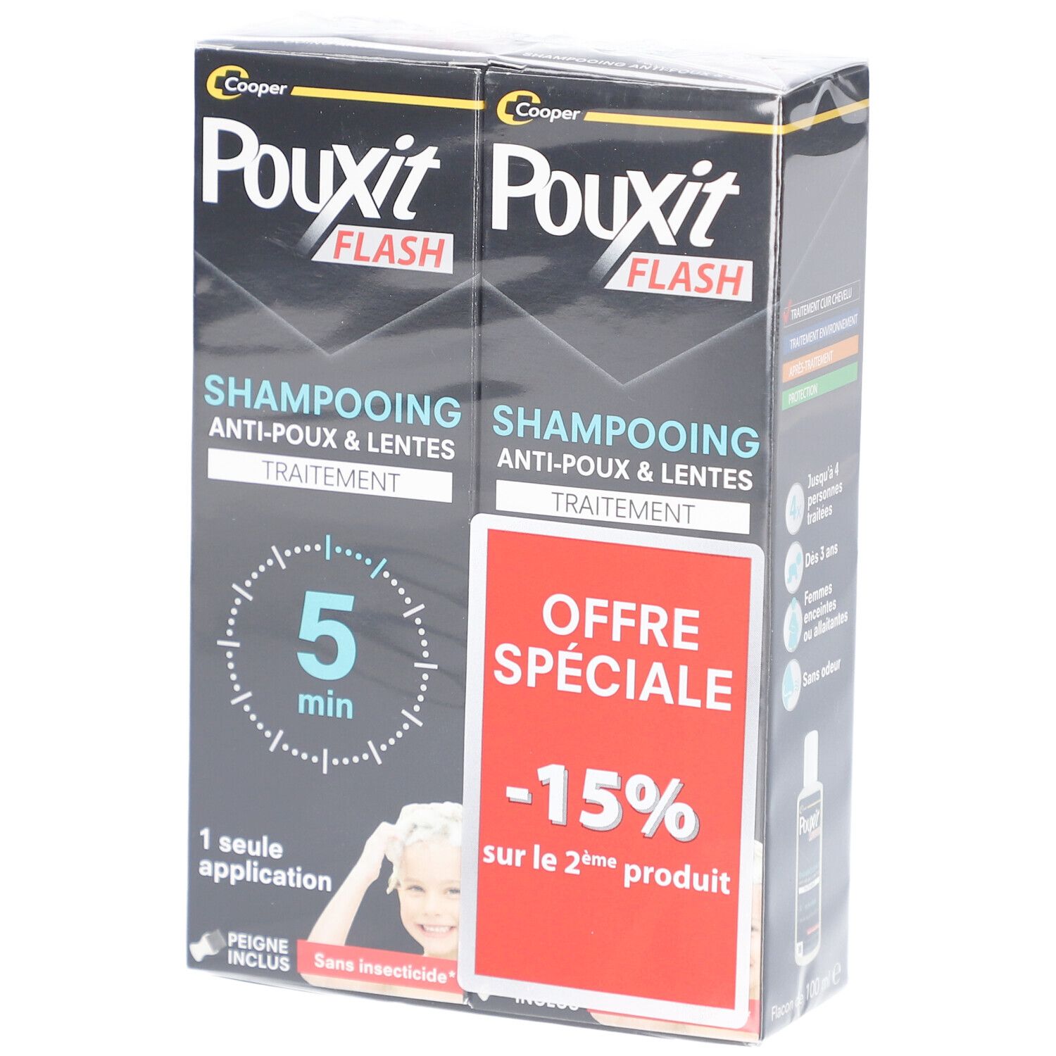 Deux boîtes de produit emballées. Inscription : Pouxit Flash Shampooing, Anti-poux & lentes. Offre spéciale -15% sur le 2ème produit.