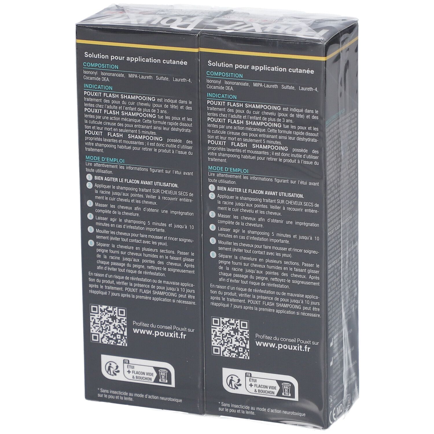 Dos des emballages du produit. Texte : Solution pour application cutanée. Ingrédients, instructions d'utilisation, code QR. Deux emballages côte à côte.