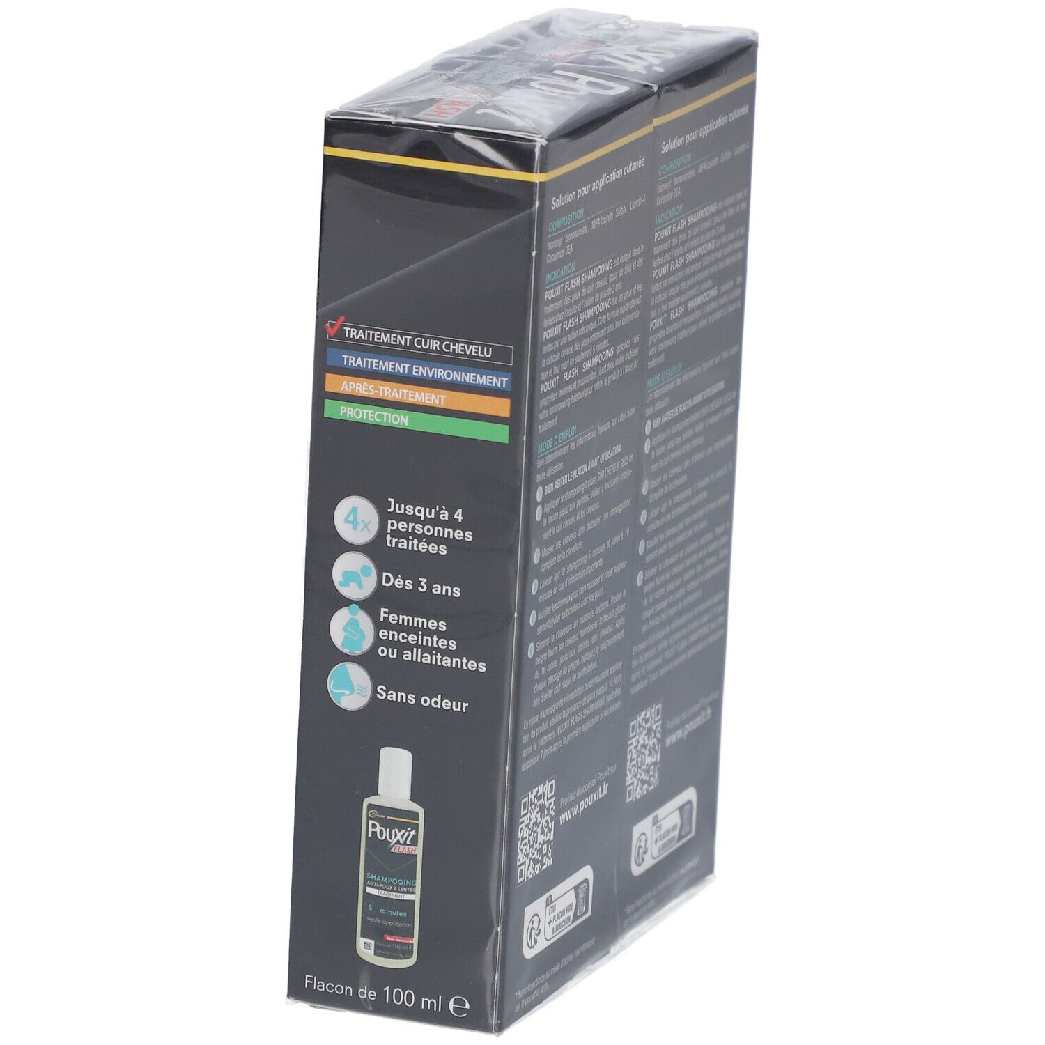 Vue latérale de l'emballage du produit. Texte : Traitement du cuir chevelu, traitement de l'environnement, protection. Flacon de 100 ml.