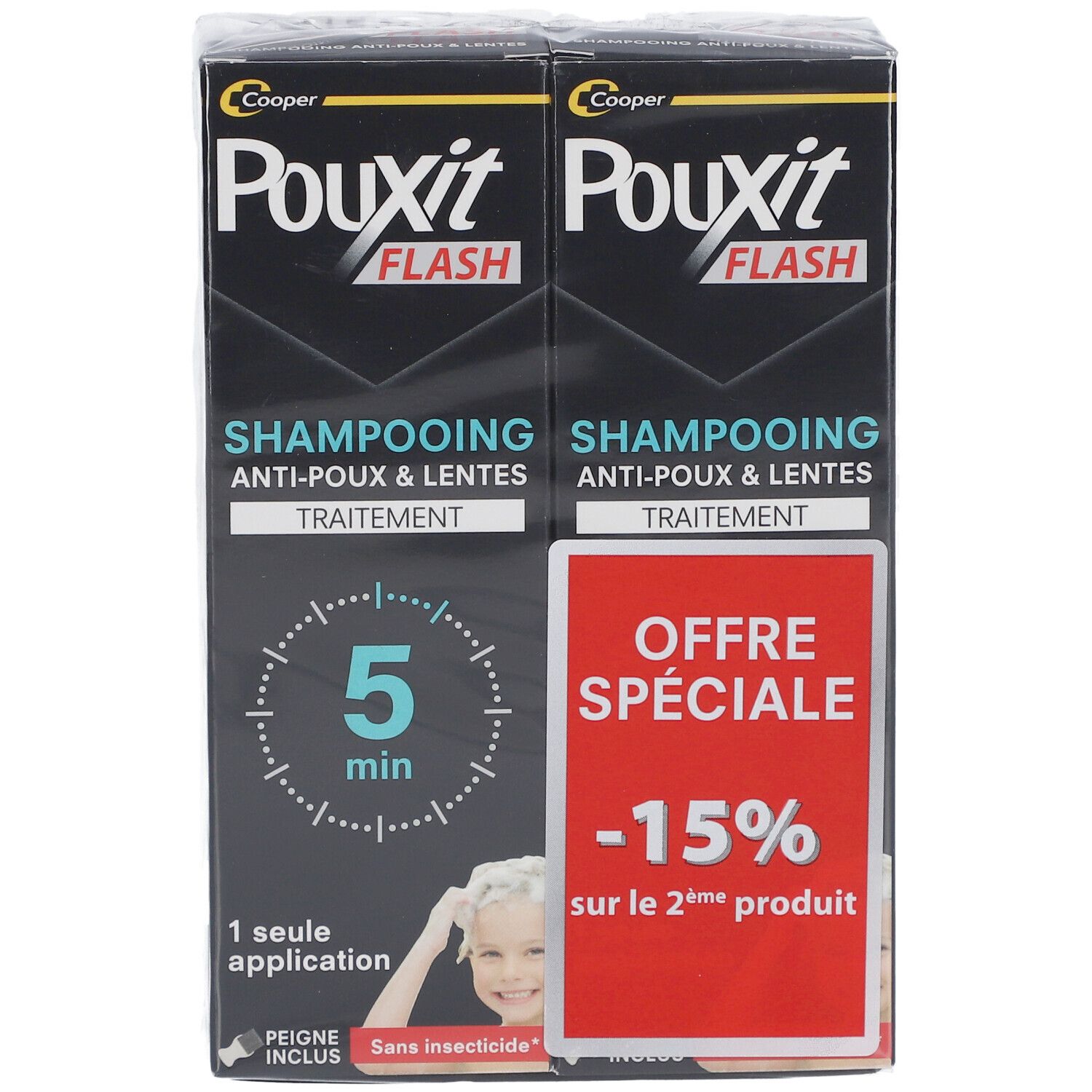 Deux emballages de produit côte à côte. Inscription : Pouxit Flash Shampooing, Anti-poux & lentes. Offre spéciale -15% sur le 2ème produit.