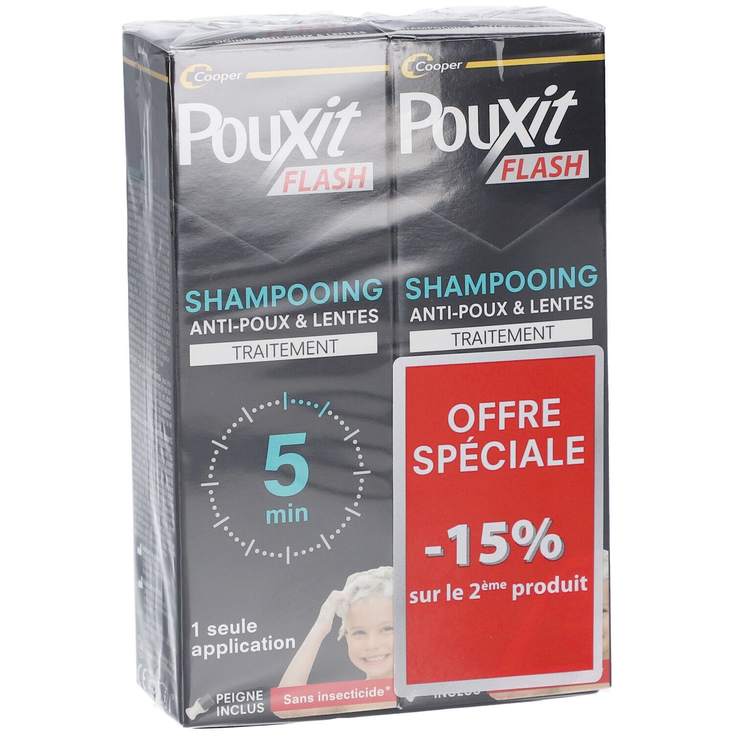 Deux emballages de produit côte à côte. Inscription : Pouxit Flash Shampooing, Anti-poux & lentes. Offre spéciale -15% sur le 2ème produit.