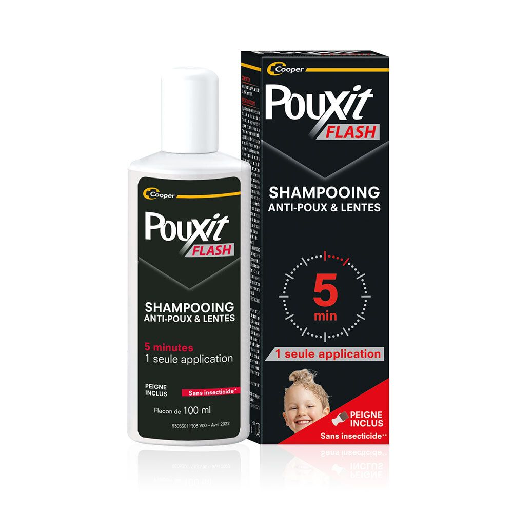Flacon et boîte de Pouxit Flash Shampooing. Emballage noir avec informations produit et un enfant.