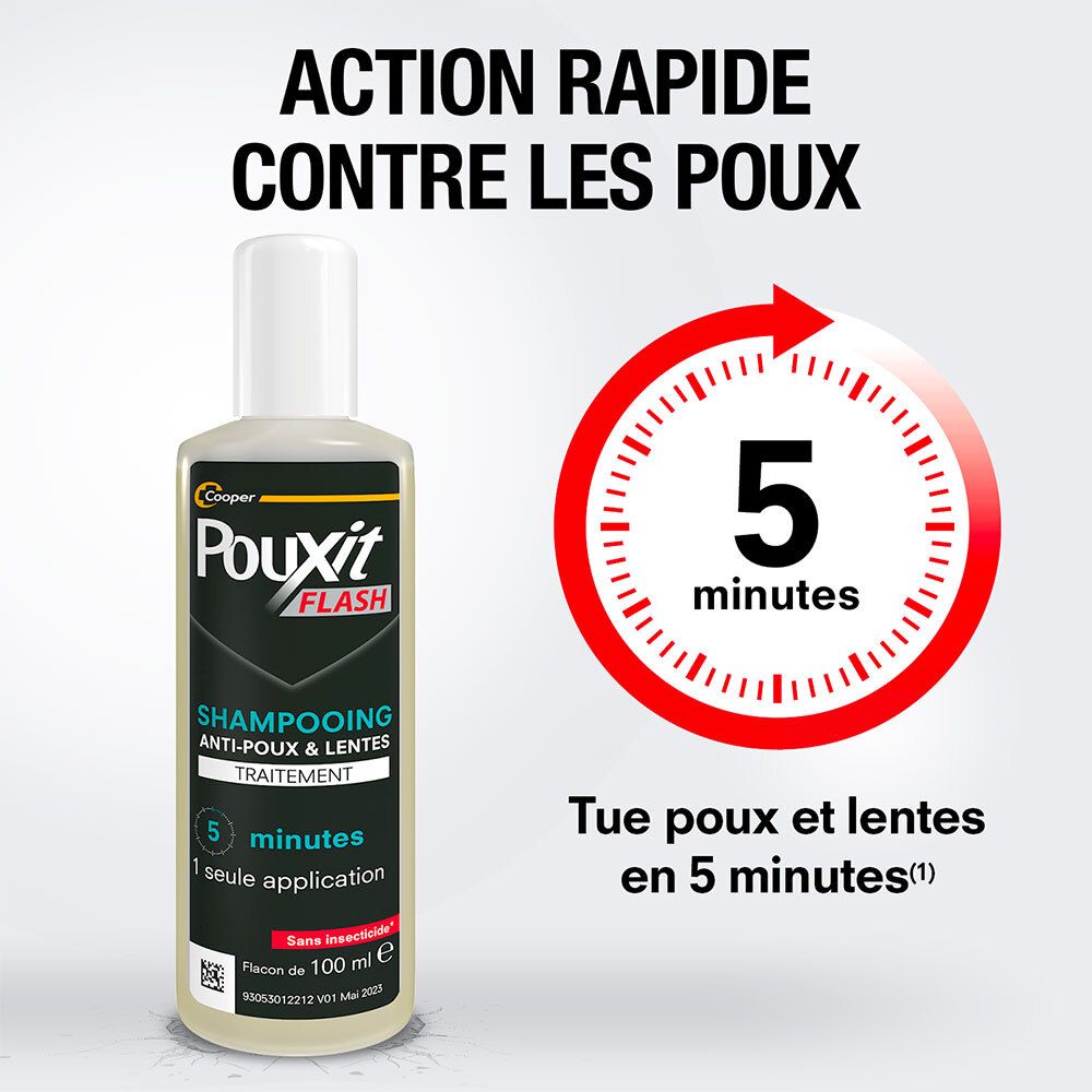 Pouxit Flash Shampooing. Texte : Action rapide contre les poux. 5 minutes. Tue les poux et lentes en 5 minutes.