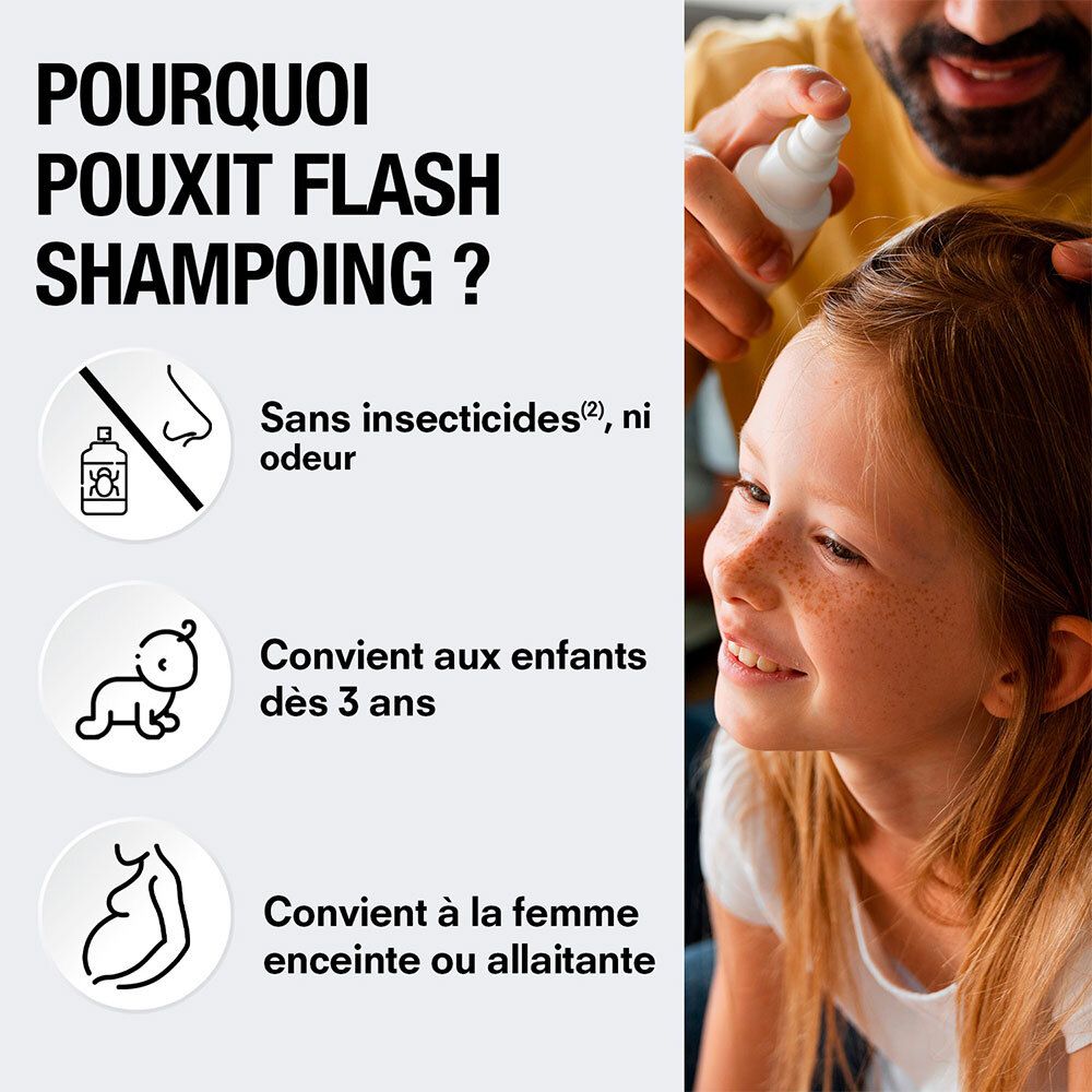 Informations sur Pouxit Flash Shampooing. Sans insecticides, sans odeur. Convient aux enfants dès 3 ans et aux femmes enceintes.
