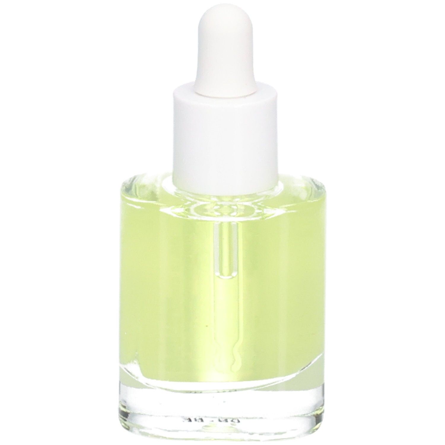 Flacon en verre avec bouchon blanc et pipette. Liquide jaunâtre visible. Nom du produit non visible.