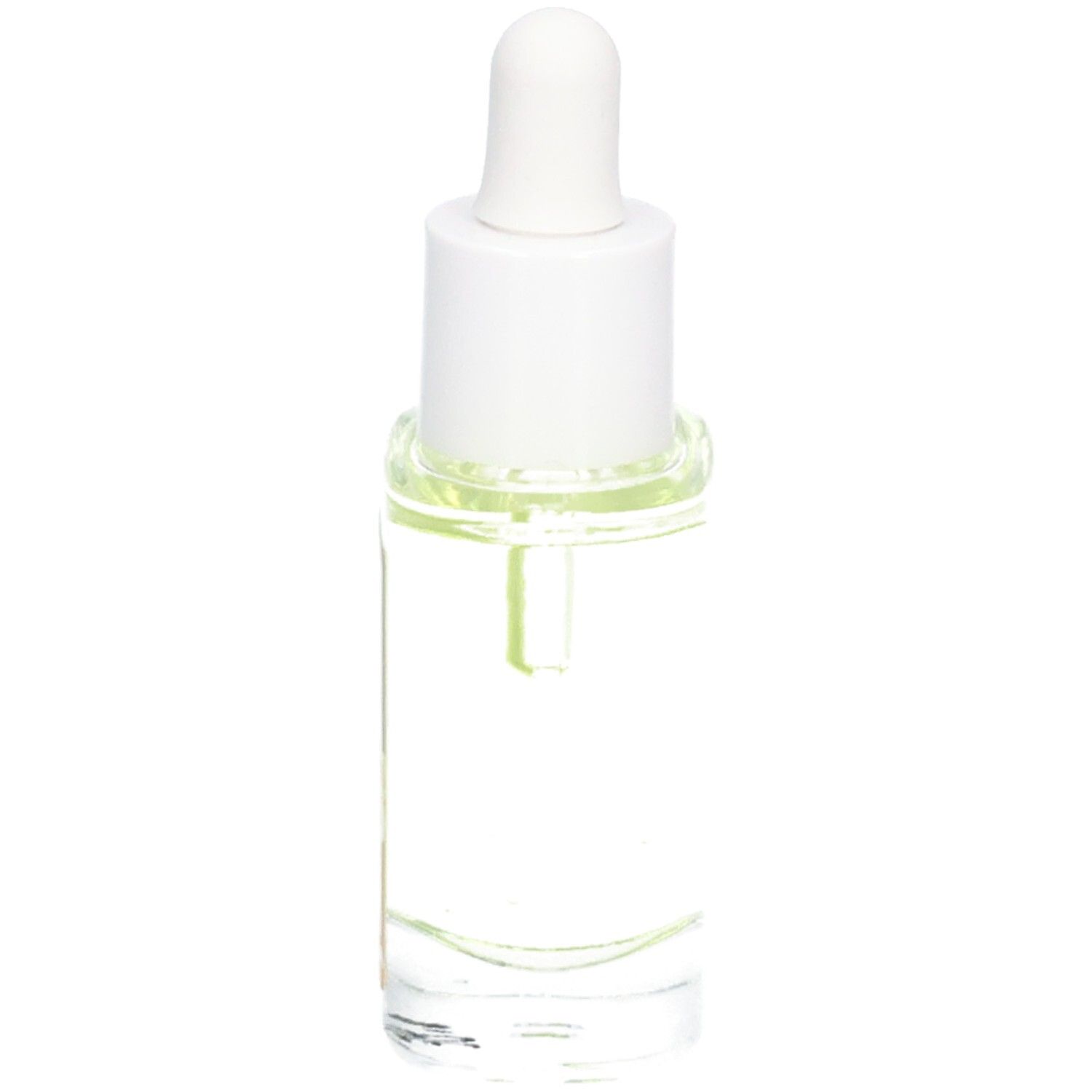 Flacon en verre avec bouchon blanc et pipette. Liquide clair visible. Nom du produit non visible.