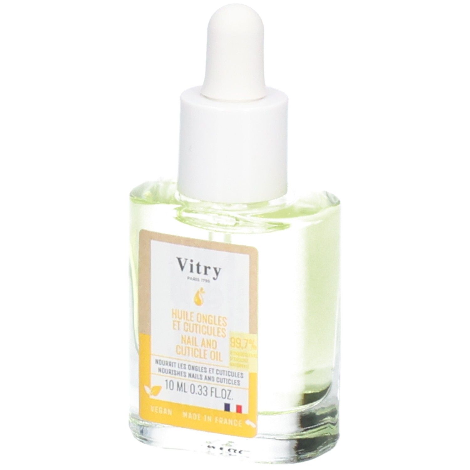 Flacon en verre avec bouchon blanc et pipette. Étiquette avec nom du produit et informations. Drapeau français.