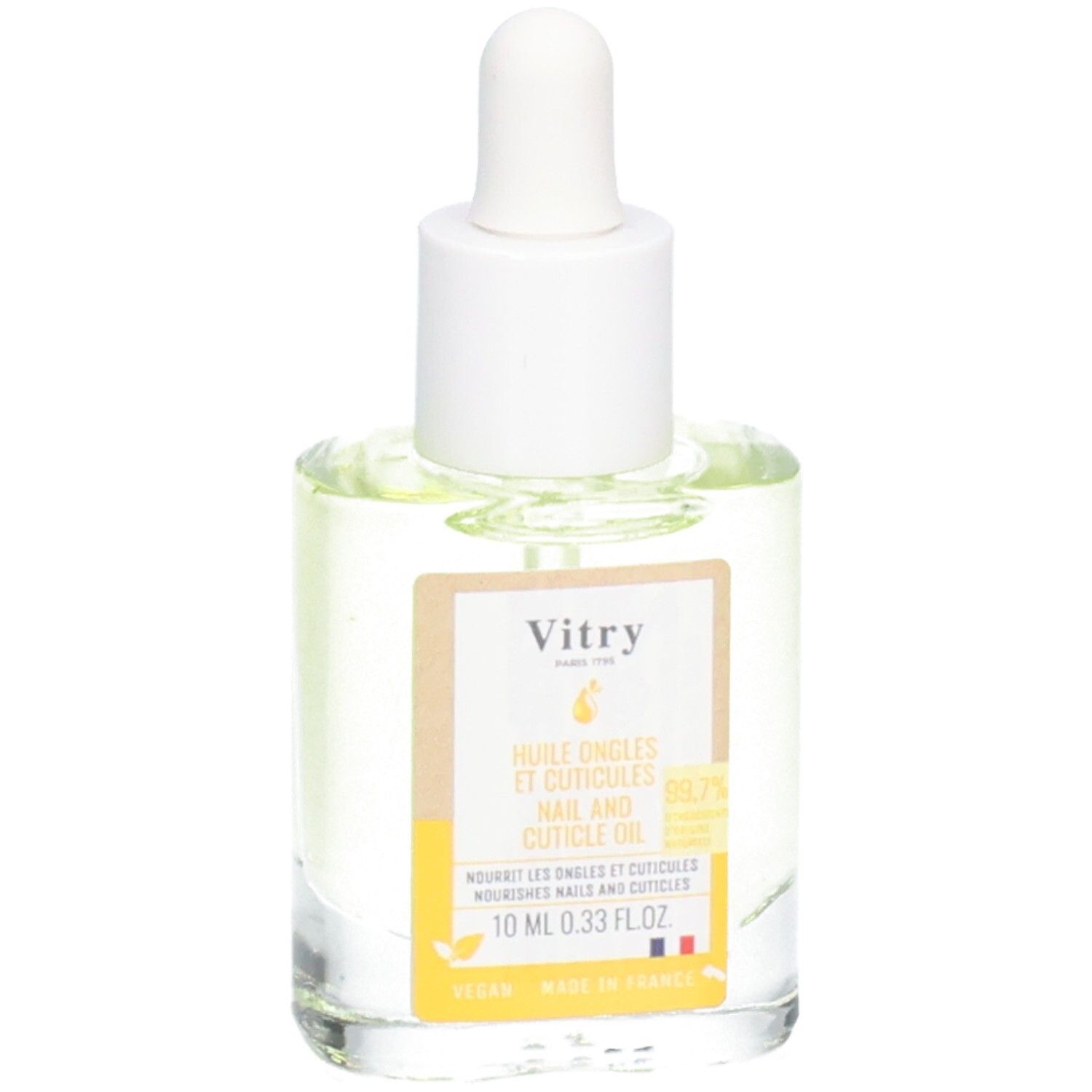 Flacon en verre avec bouchon blanc et pipette. Étiquette avec nom du produit et informations. Drapeau français.