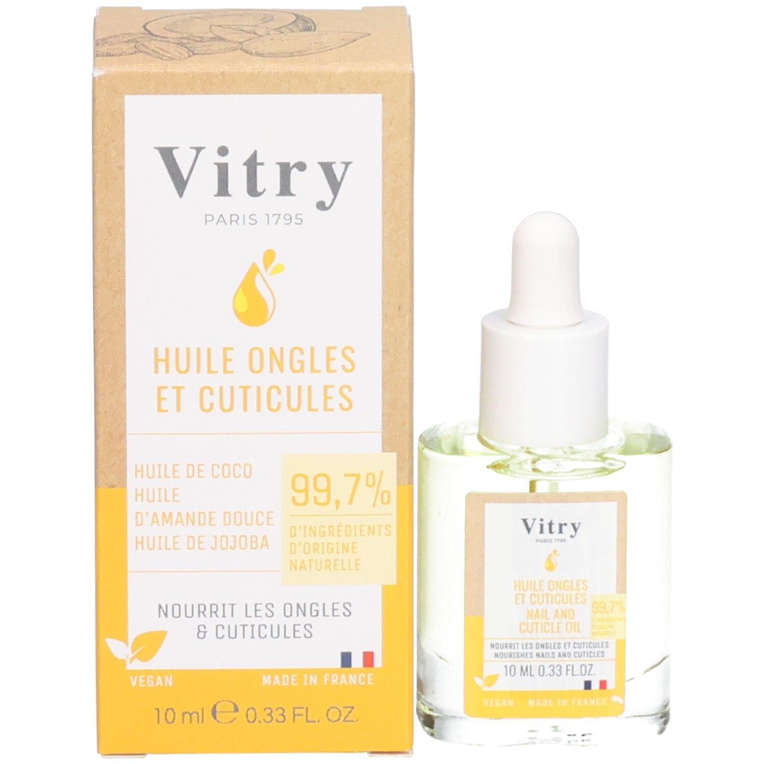 Flacon et emballage du produit. Flacon avec bouchon blanc et pipette. Boîte avec informations sur le produit.