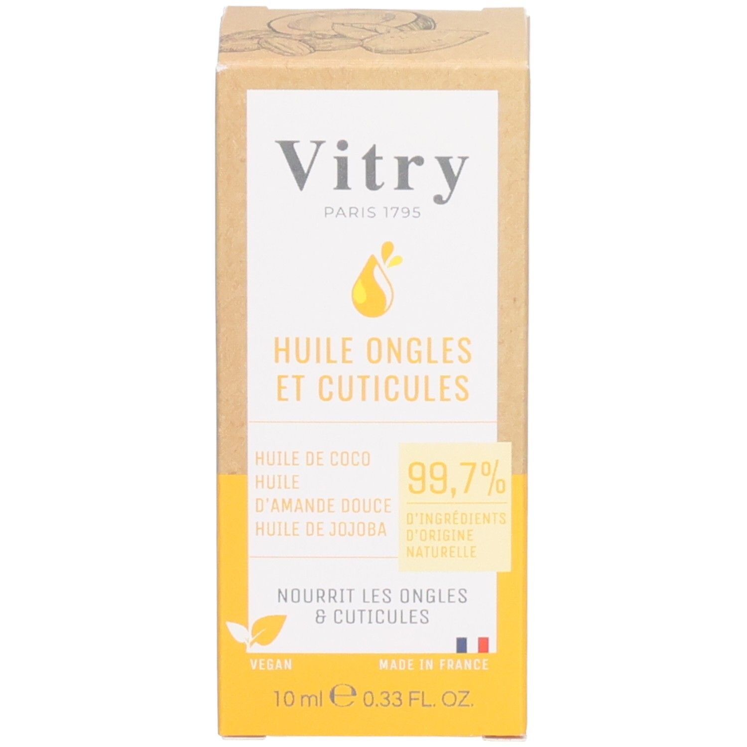 Emballage du produit. Boîte avec nom du produit et informations. Drapeau français. Label végan.