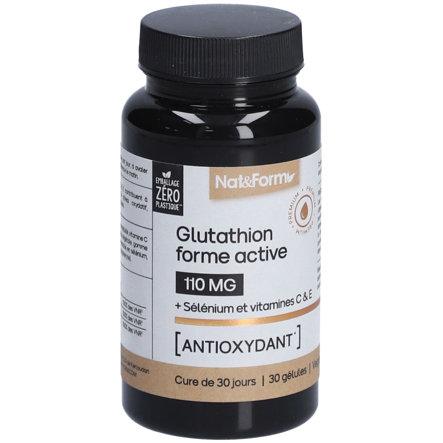 Flacon marron de gélules. Inscription: Nat&Form, Glutathion forme active 110 MG, + Sélénium et vitamines C&E, [ANTIOXYDANT].