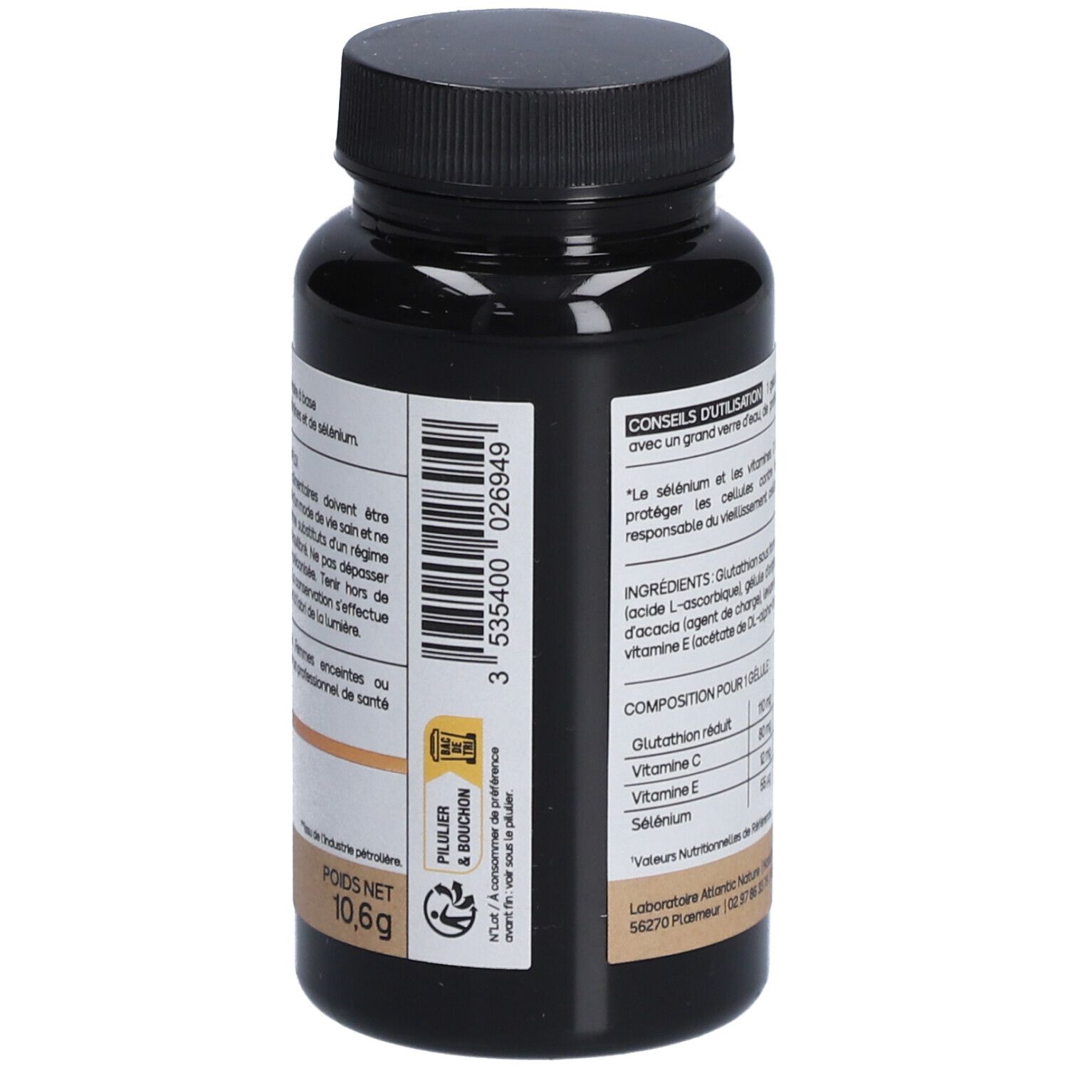 Dos du flacon de gélules. Texte: informations nutritionnelles, poids 10,6g. Logos: Piler & bouchon, Triman.