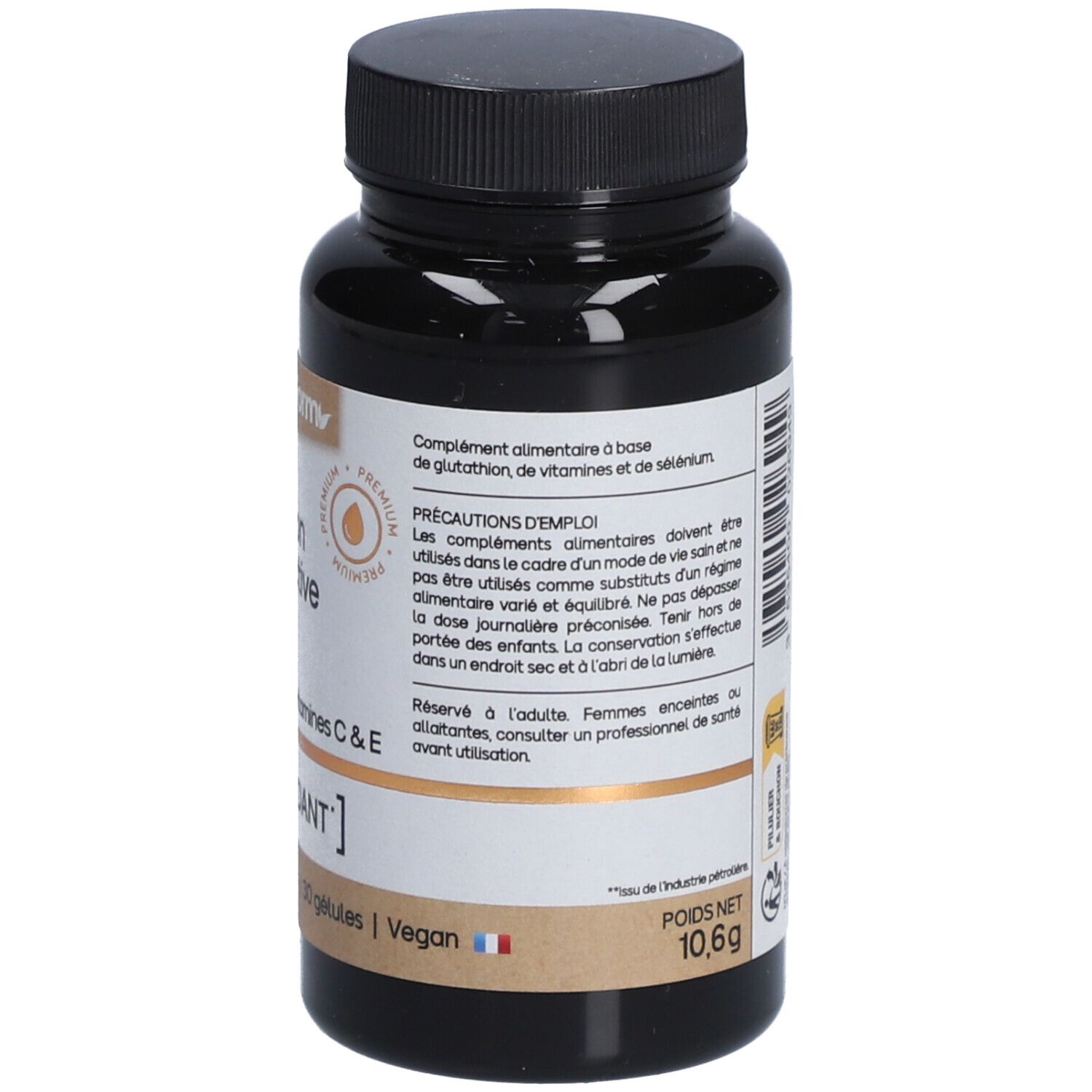 Dos du flacon de gélules. Texte: précautions d'emploi, informations nutritionnelles, poids 10,6g. Logos: Triman, drapeau France.