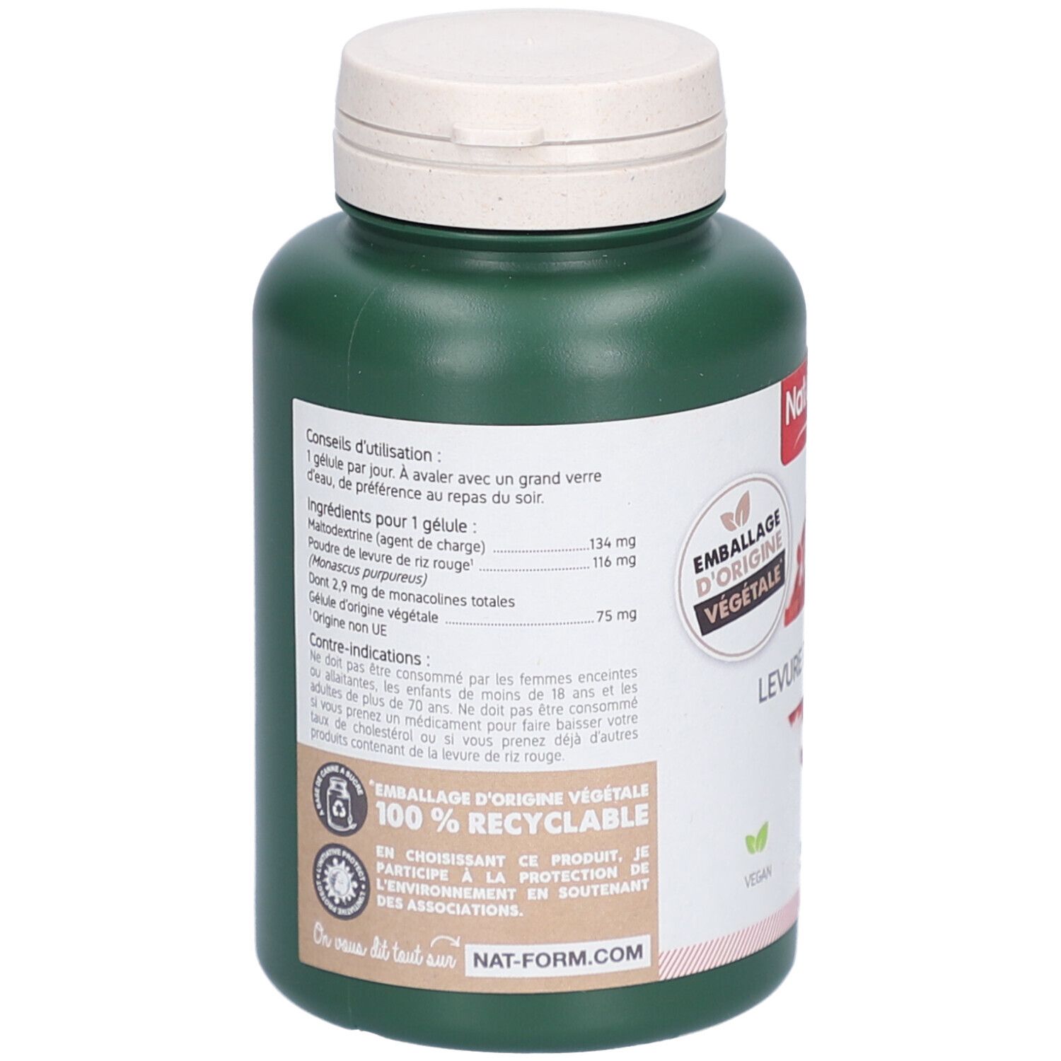 Dos du flacon vert. Texte: ingrédients, conseils d'utilisation, 100% recyclable. Label Vegan. Nat-Form.com.