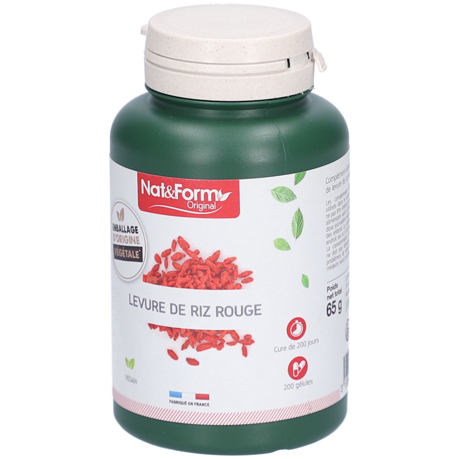 Flacon vert avec bouchon blanc. Inscription: Nat&Form Original, Levure de Riz Rouge. Label Vegan. 65g.