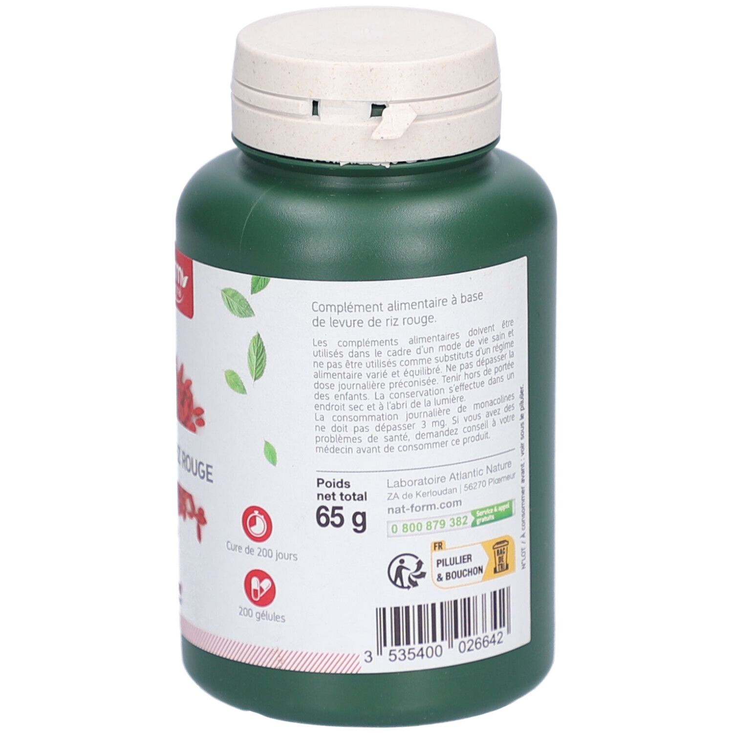 Dos du flacon vert. Texte: complément alimentaire, 65g. Label Vegan. Coordonnées.
