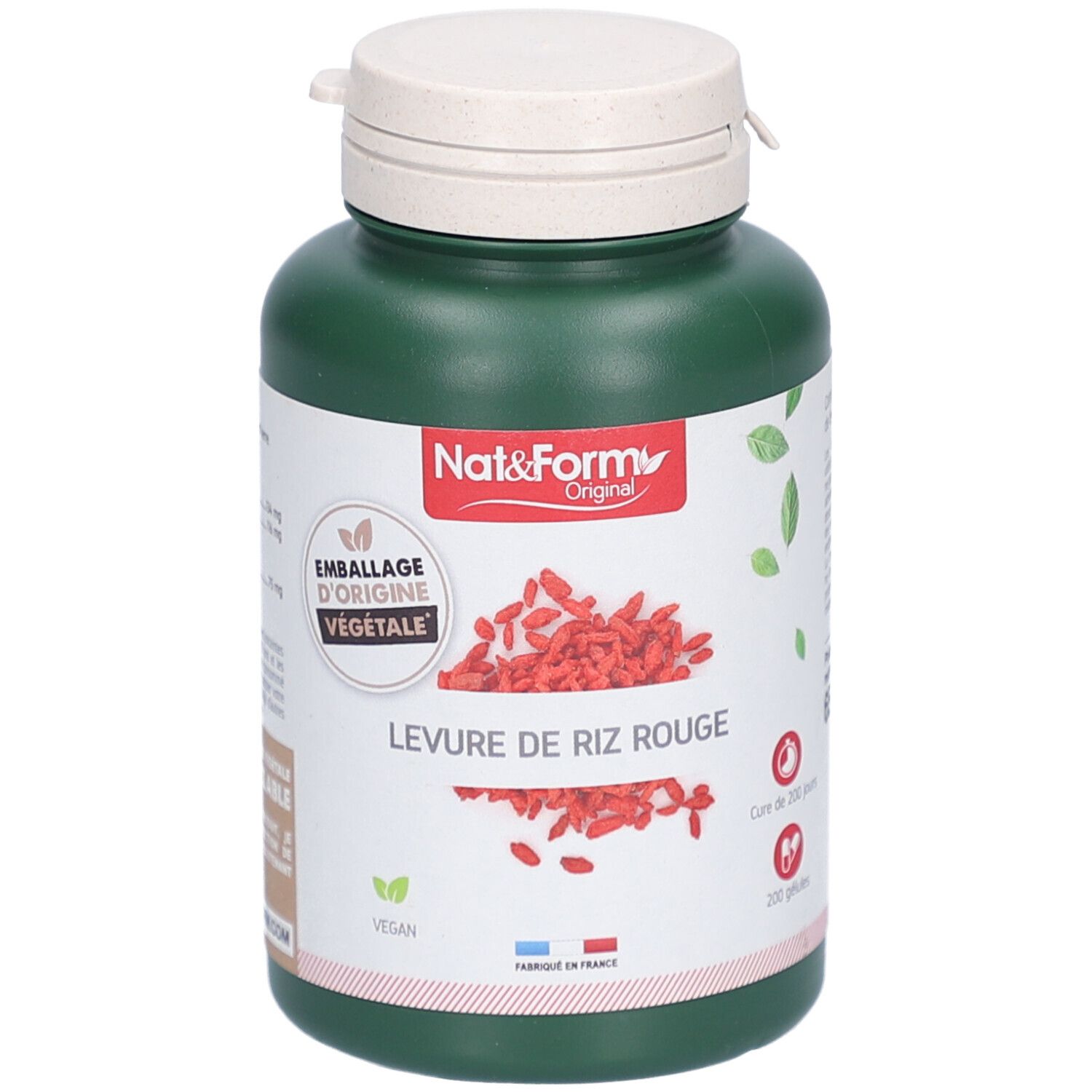 Flacon vert avec bouchon blanc. Inscription: Nat&Form Original, Levure de Riz Rouge. Label Vegan. Drapeau français.