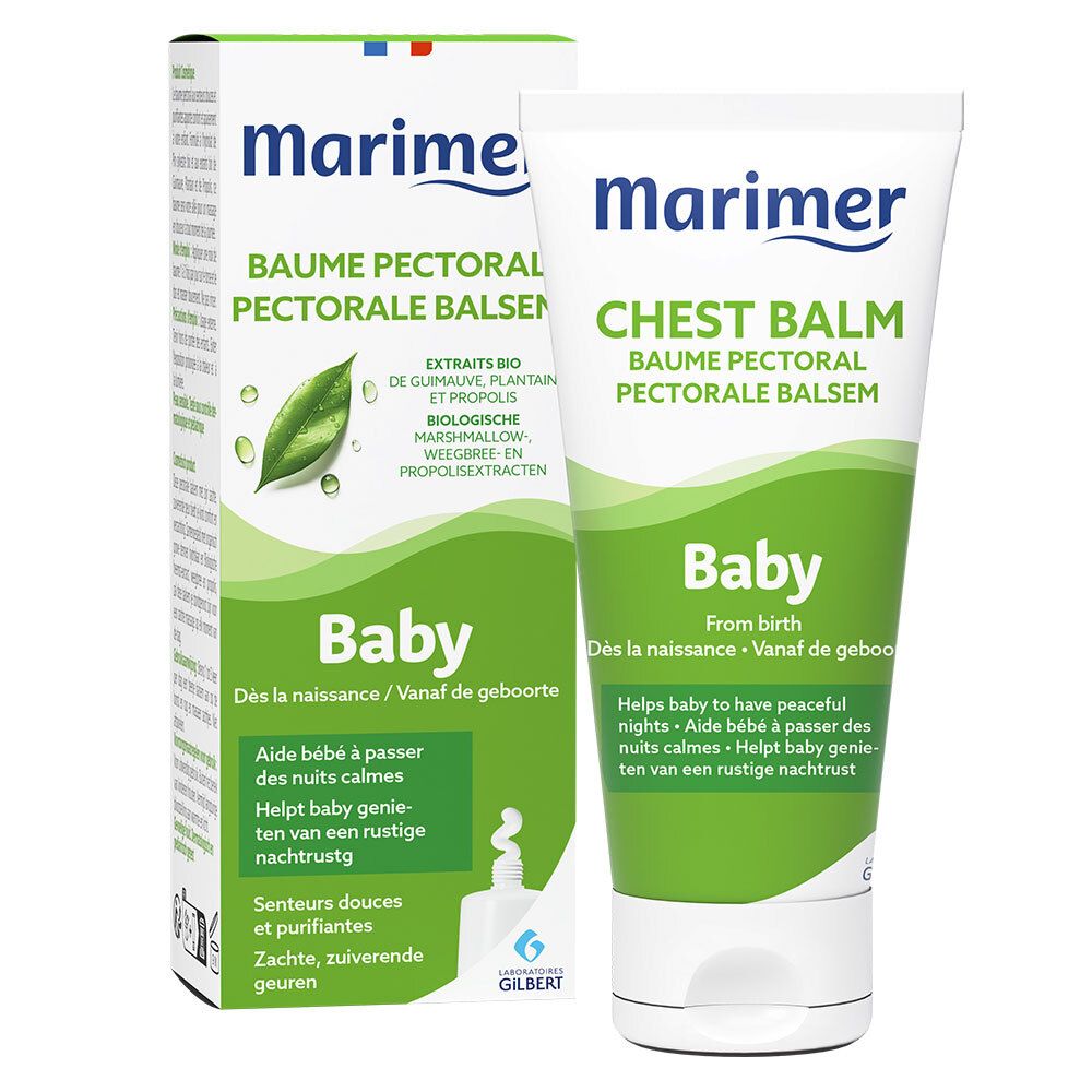 Marimer Baume pectoral bébé, tube et boîte. Contient des extraits de plantes et de propolis. Pour bébés dès la naissance.