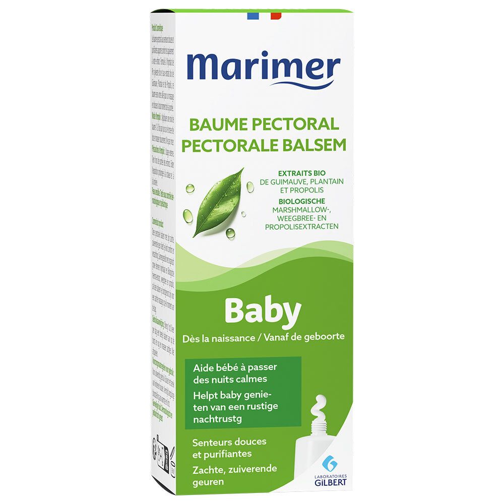 Marimer Baume pectoral bébé, boîte. Contient des extraits de plantes et de propolis. Pour bébés dès la naissance.