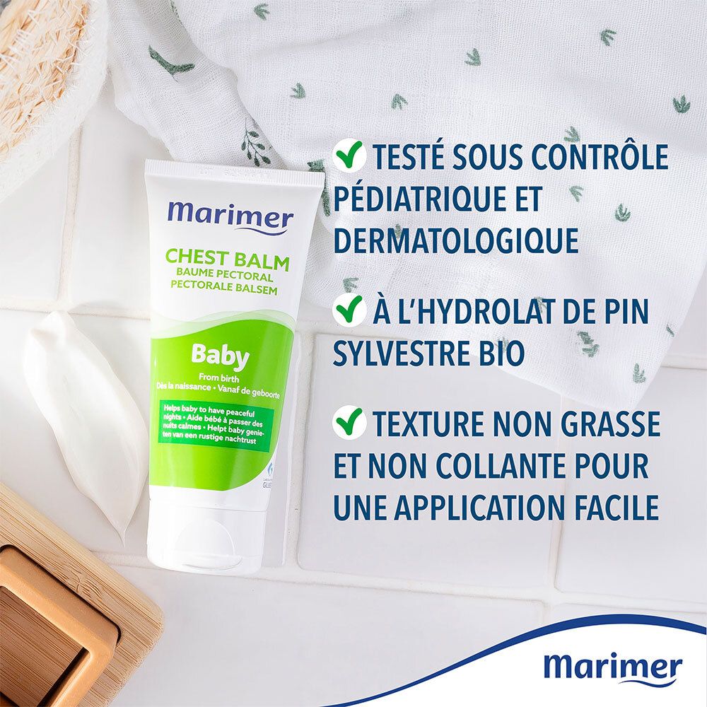 Marimer Baume pectoral bébé, tube. Texte: Testé sous contrôle pédiatrique et dermatologique. Non gras.