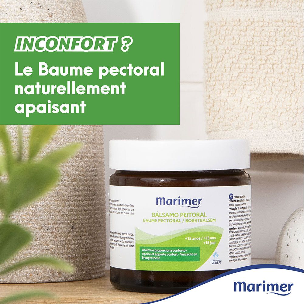 Marimer Nature Baume Pectoral Adultes Bio. Pot avec couvercle blanc. Inscription: BALSAMO PECTORAL.