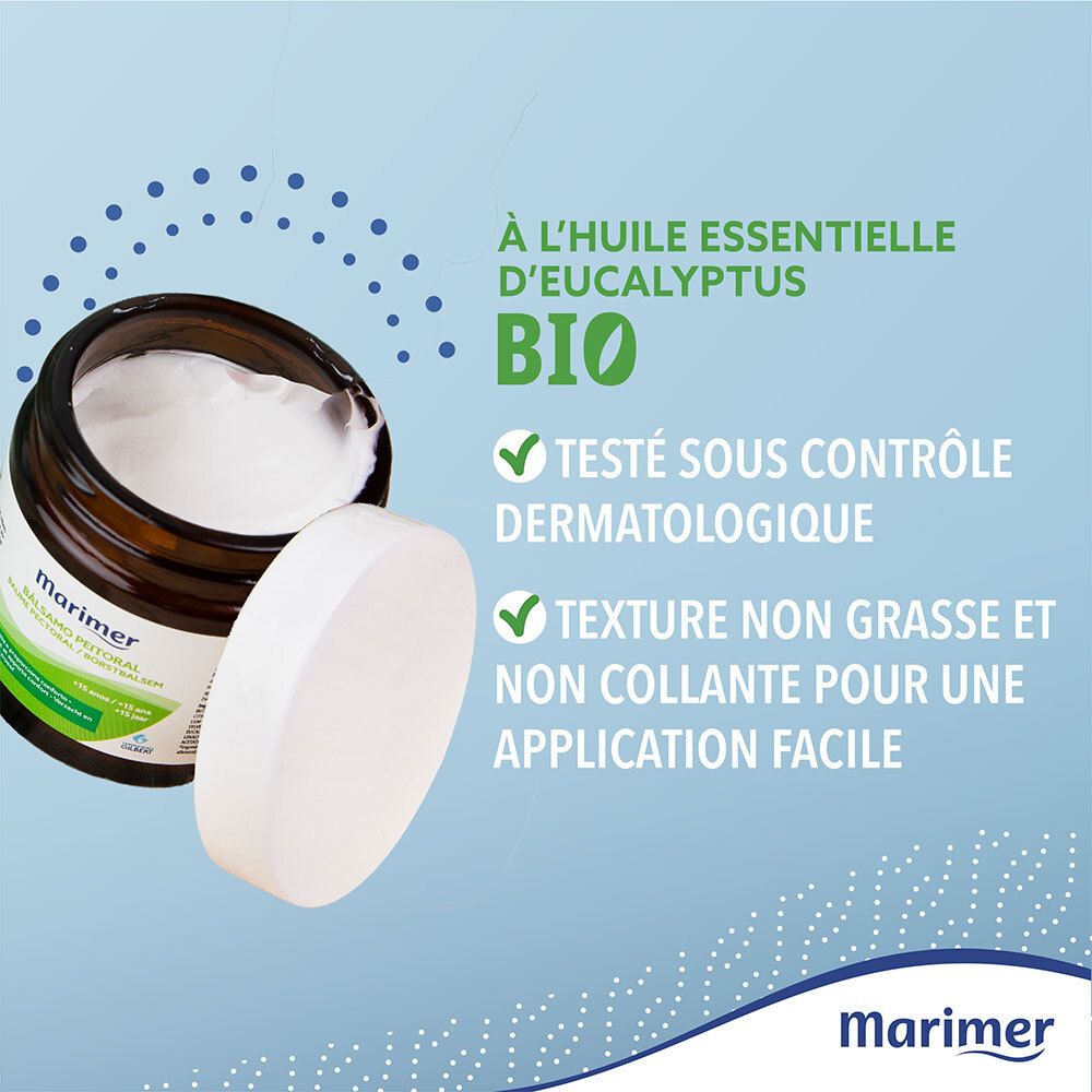 Pot ouvert de Marimer Nature Baume Pectoral Adultes Bio. Couvercle à côté. Texte: BIO, testé sous contrôle dermatologique.