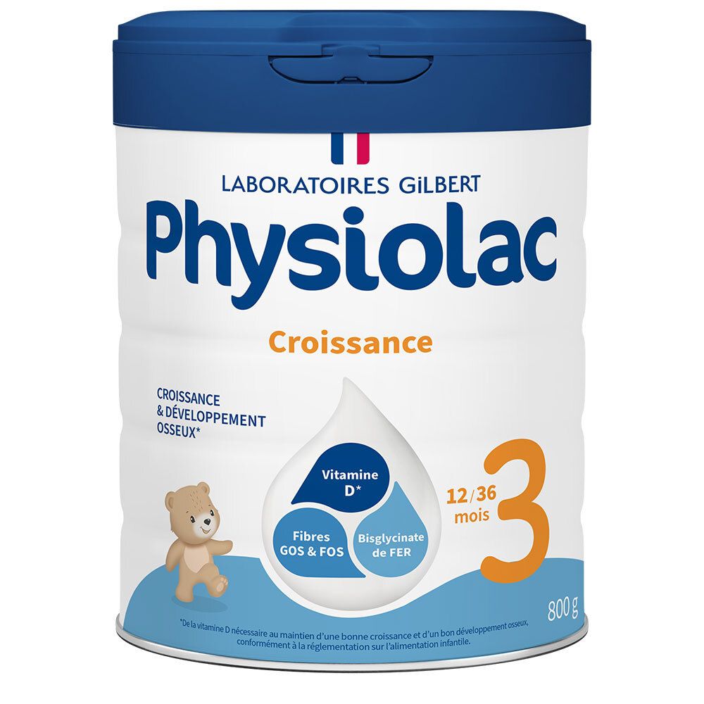 Boîte blanche et bleue PHYSIOLAC Croissance 3. Contient vitamine D, GOS & FOS, fer. Pour 12/36 mois. 800g.