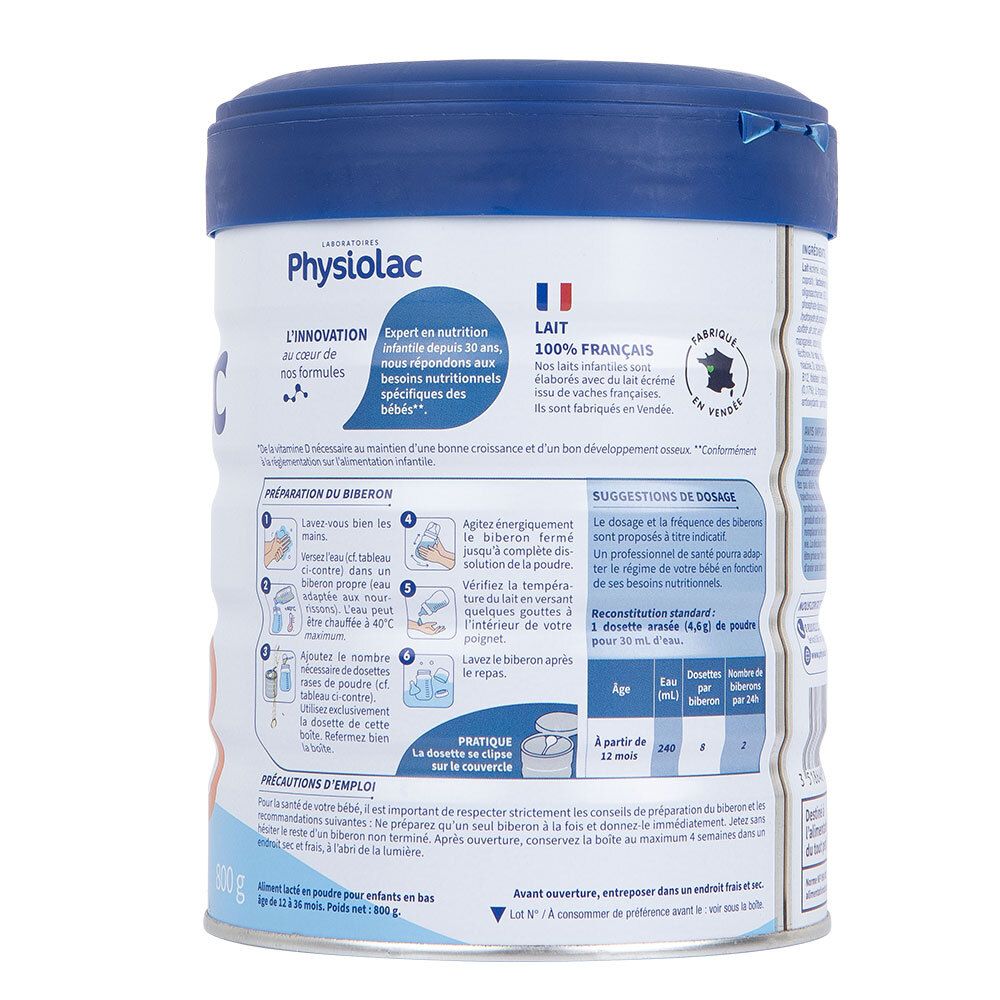 Dos de la boîte PHYSIOLAC. Contient des informations sur la préparation, le dosage et les informations nutritionnelles. Drapeau français.