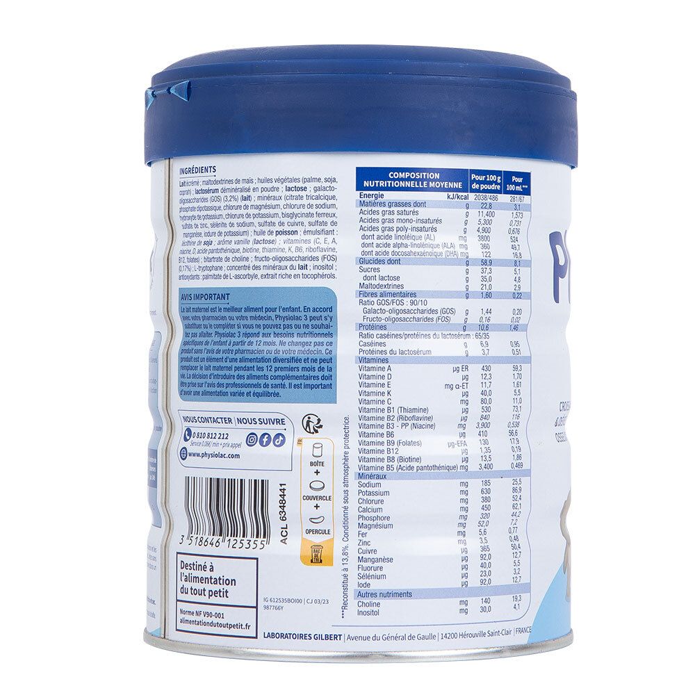 Dos de la boîte PHYSIOLAC. Contient des informations nutritionnelles et des ingrédients. Bouchon bleu.