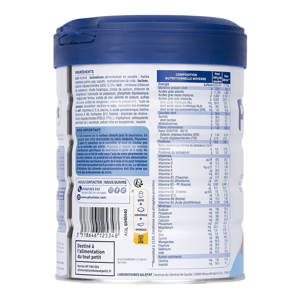 Boîte de lait en poudre Physiolac. Dos avec liste des ingrédients, informations nutritionnelles et coordonnées.