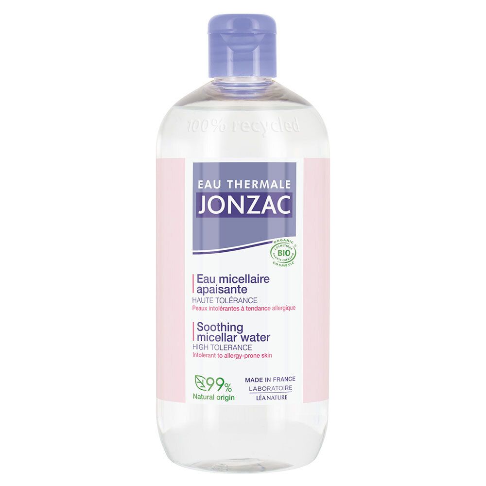 Flacon transparent avec bouchon bleu. Étiquette avec nom du produit et label bio. Textes français et anglais.