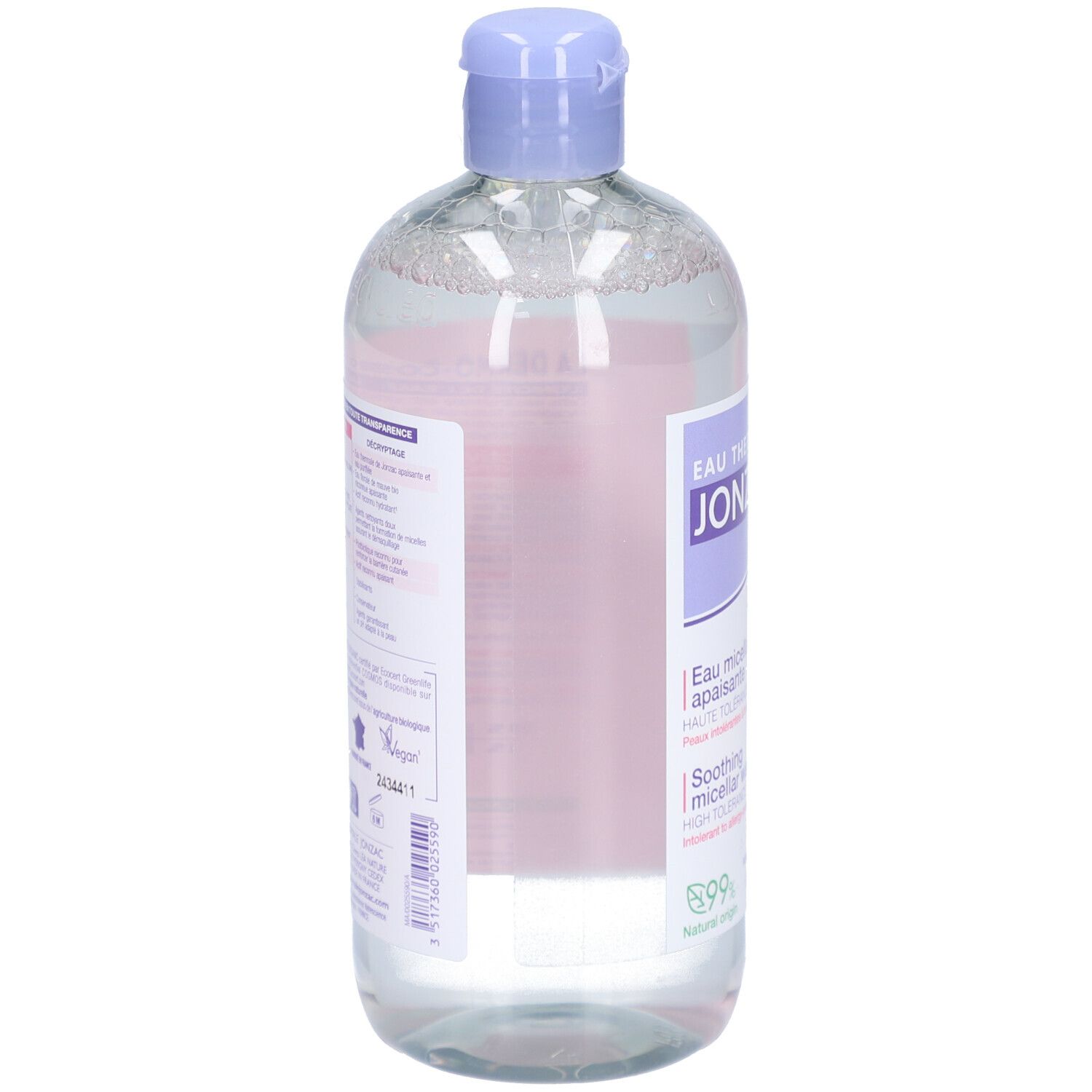 Flacon légèrement incliné. Étiquette avec informations sur le produit. Label bio. Textes français et anglais.
