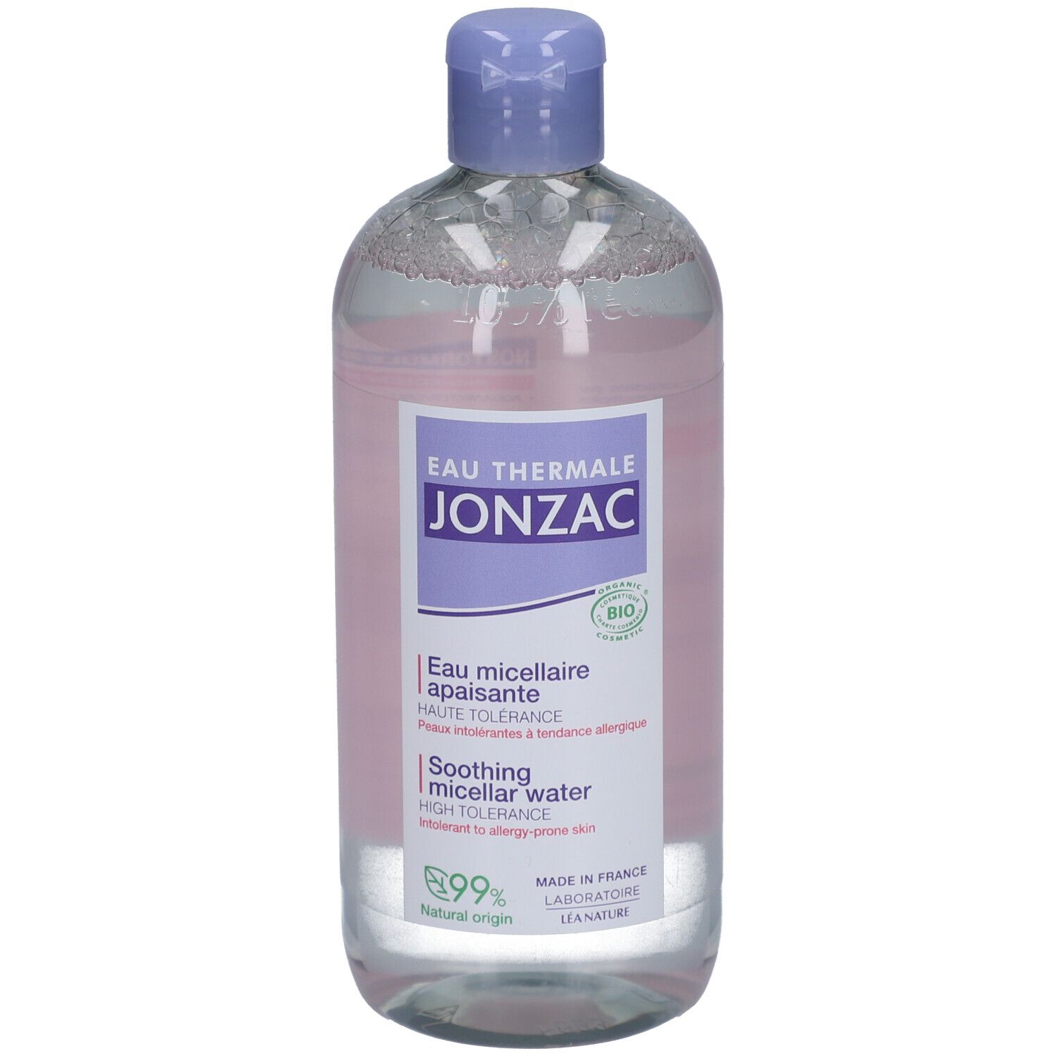 Flacon transparent avec bouchon bleu. Étiquette avec nom du produit et label bio. Textes français et anglais.
