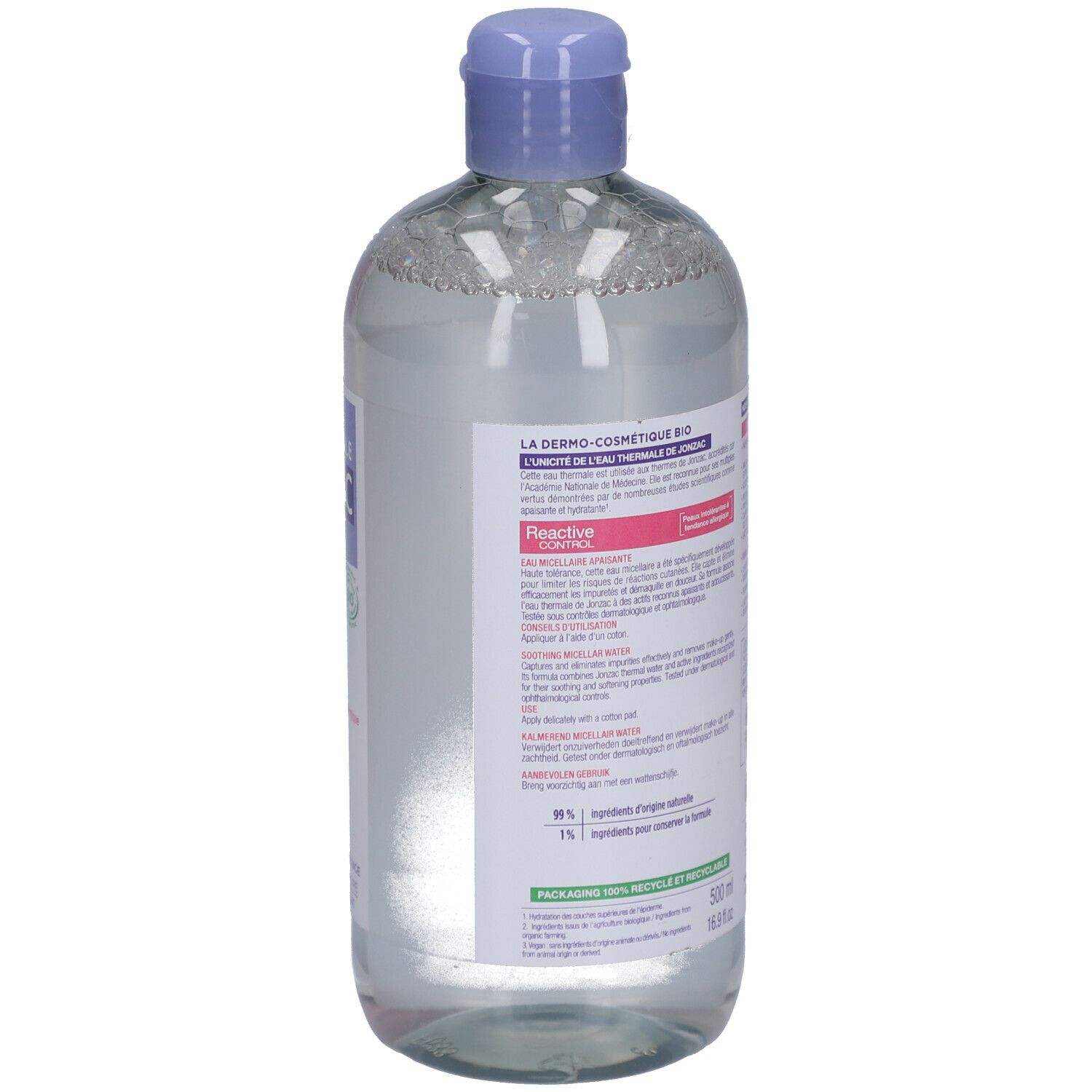 Dos du flacon. Informations textuelles, ingrédients et certifications. 500 ml. Recyclable.