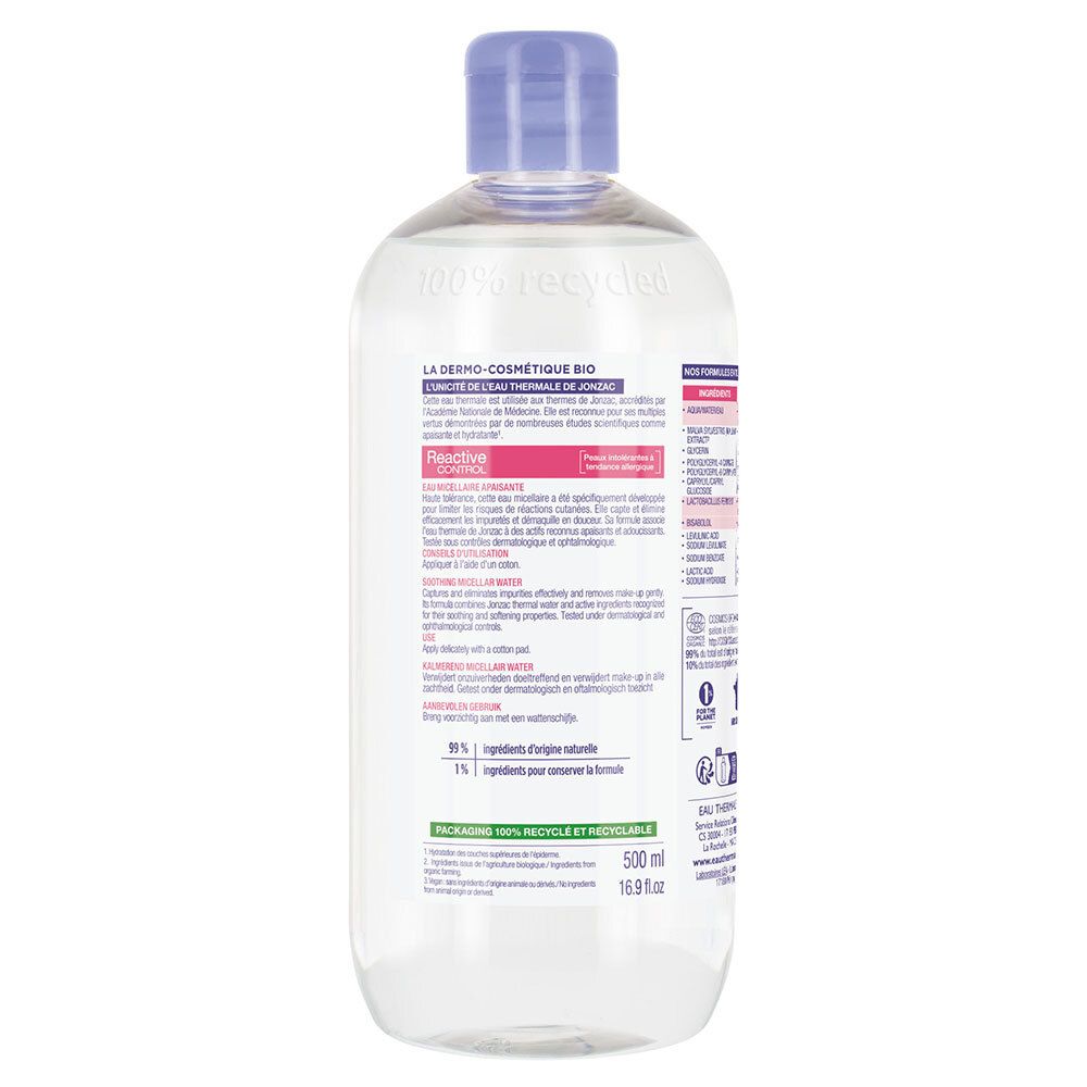 Dos du flacon. Informations textuelles, ingrédients et certifications. 500 ml. Recyclable.