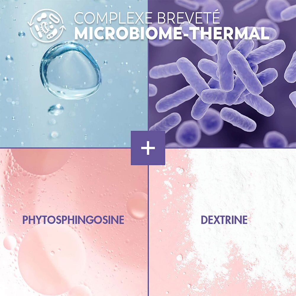 Quatre images: bulle d'eau, bactéries, phytosphingosine et dextrine. Texte: Complexe breveté Microbiome-Thermal.