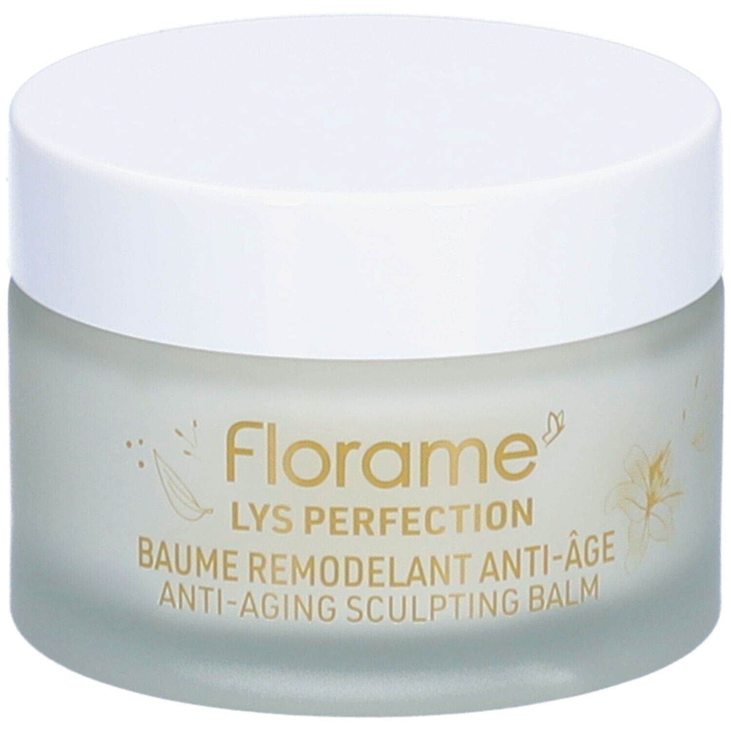 Pot de crème avec couvercle blanc. Inscription: Florame, LYS PERFECTION, Baume Remodelant Anti-Âge, Anti-Aging Sculpting Balm.