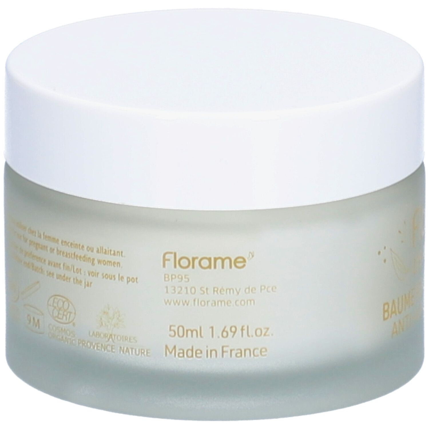 Pot de crème avec couvercle blanc. Inscription: Florame, BP95, 50ml 1.69 fl.oz., Made in France. Certification Bio.