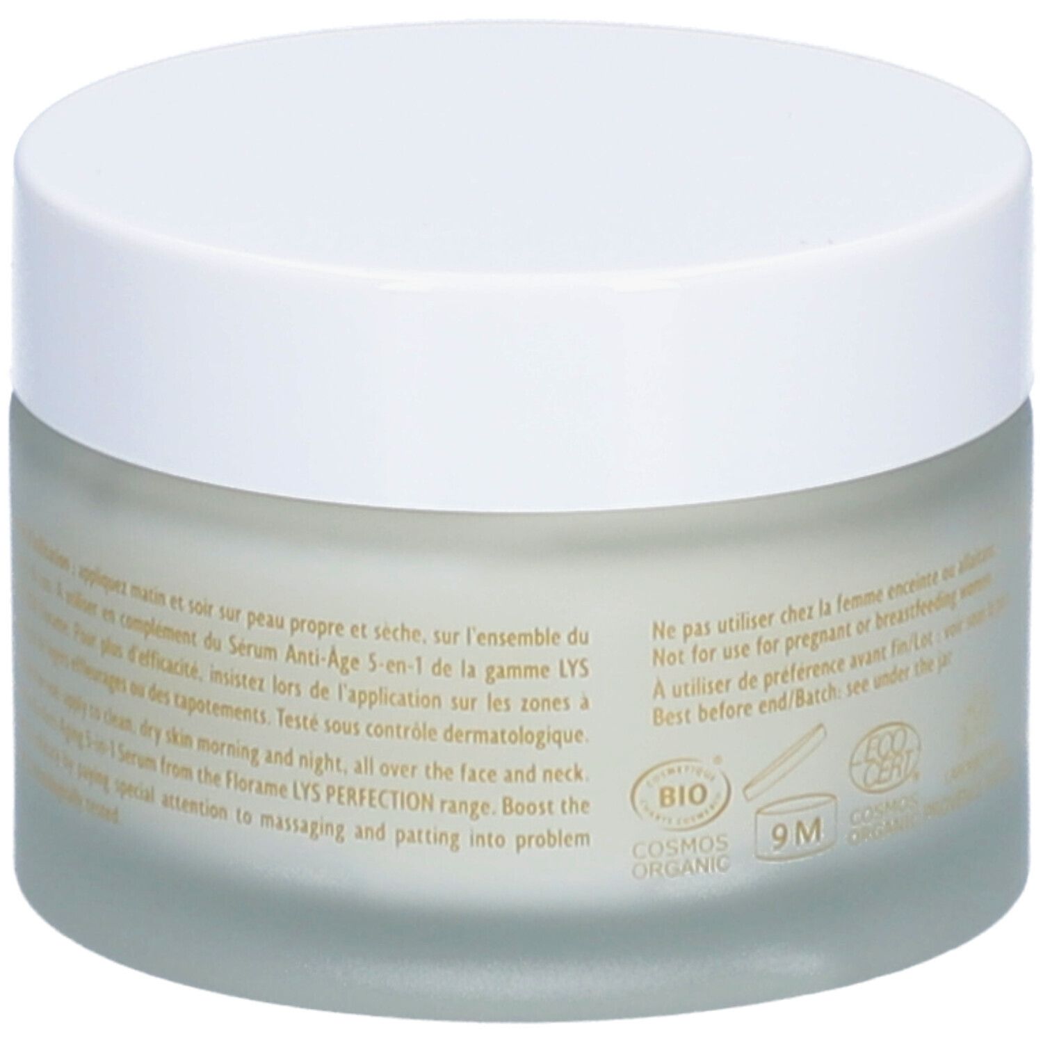 Pot de crème avec couvercle blanc. Inscription: Certification Bio, 9M. Texte sur l'utilisation et les ingrédients.