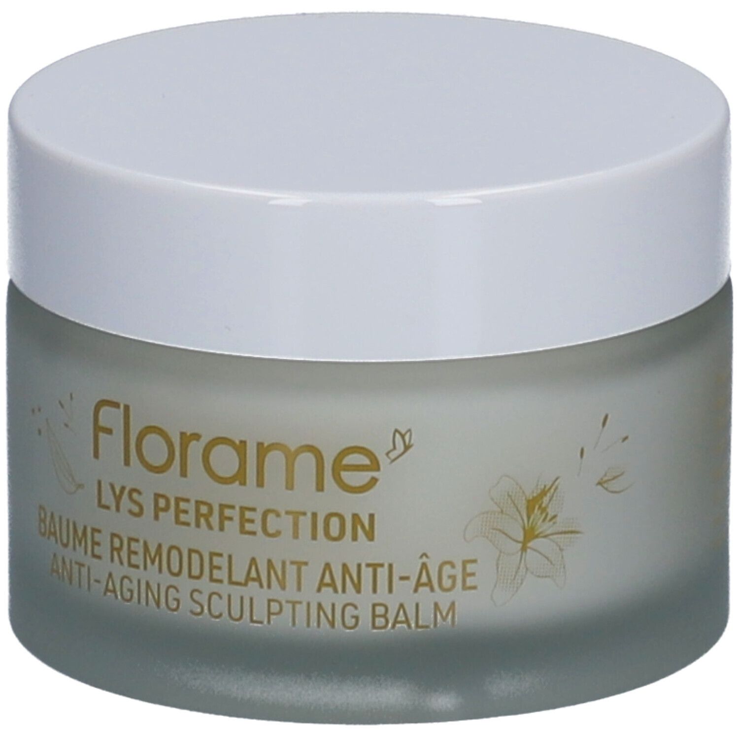 Pot de crème avec couvercle blanc. Inscription: Florame, LYS PERFECTION, Baume Remodelant Anti-Âge, Anti-Aging Sculpting Balm.