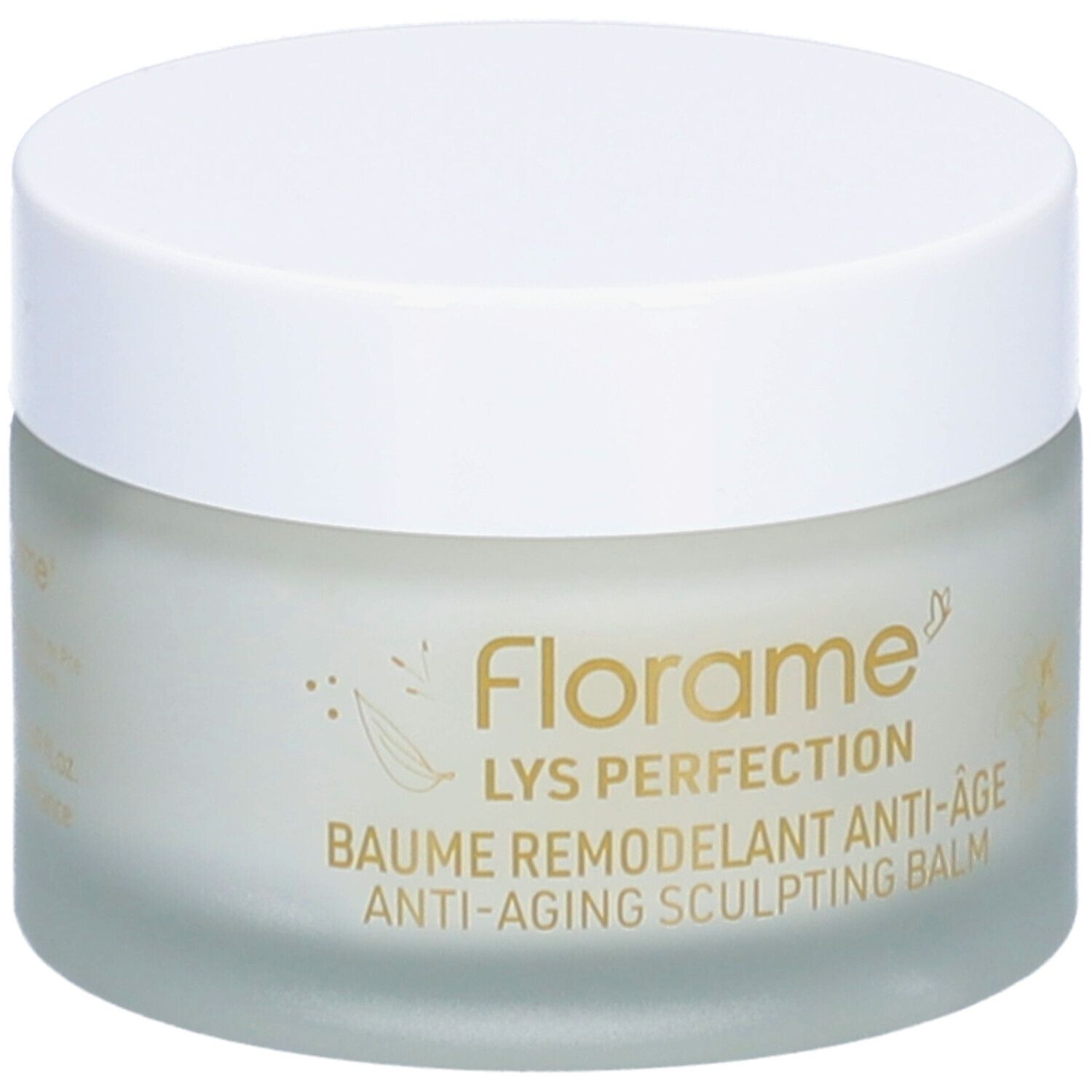 Pot de crème avec couvercle blanc. Inscription: Florame, LYS PERFECTION, Baume Remodelant Anti-Âge, Anti-Aging Sculpting Balm.