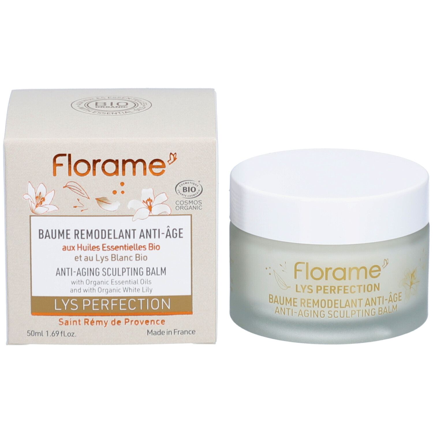 Pot de crème et carton. Inscription: Florame, Baume Remodelant Anti-Âge, Anti-Aging Sculpting Balm. Certification Bio.