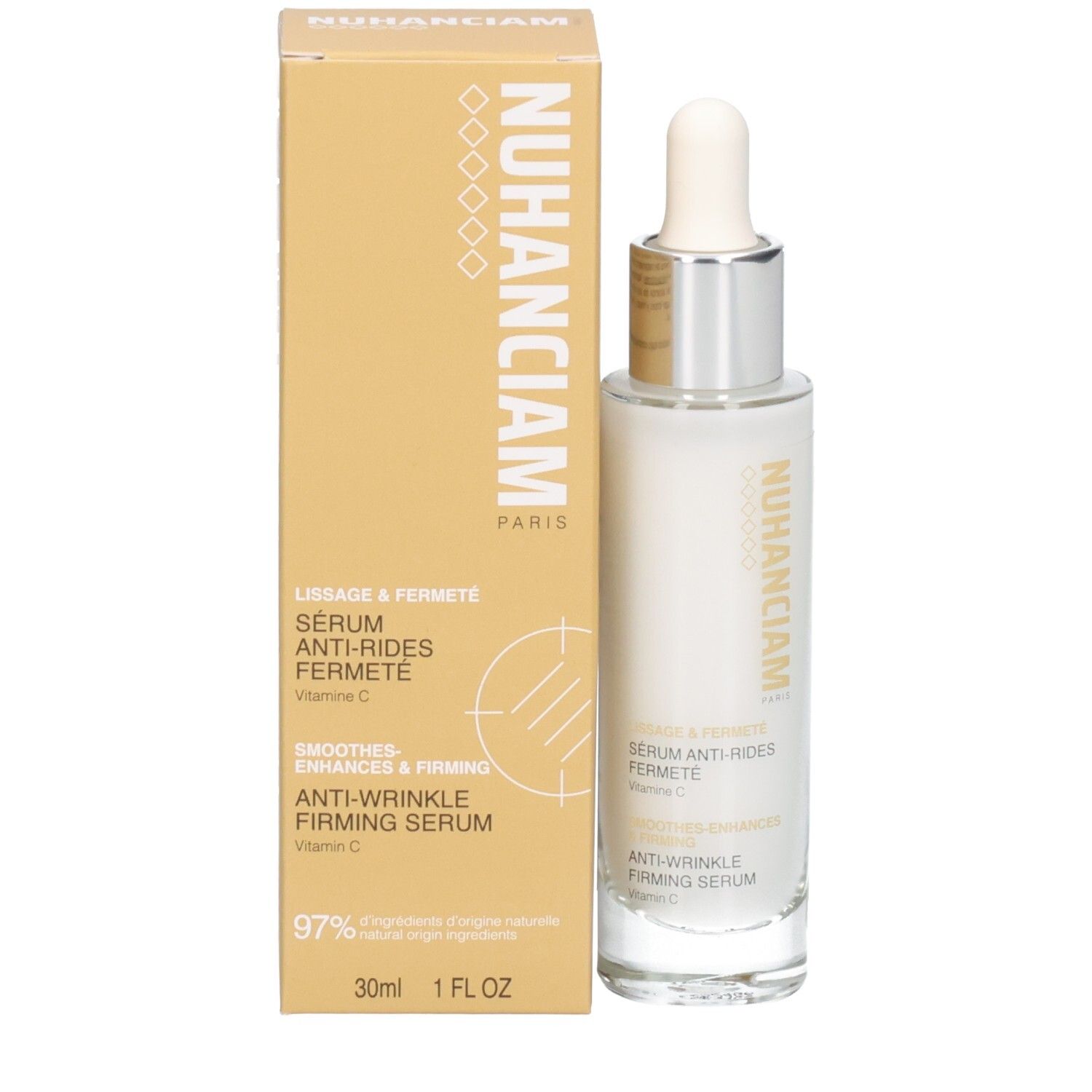 Sérum anti-rides fermeté Nuhanciam et son emballage, vitamine C, 30ml.